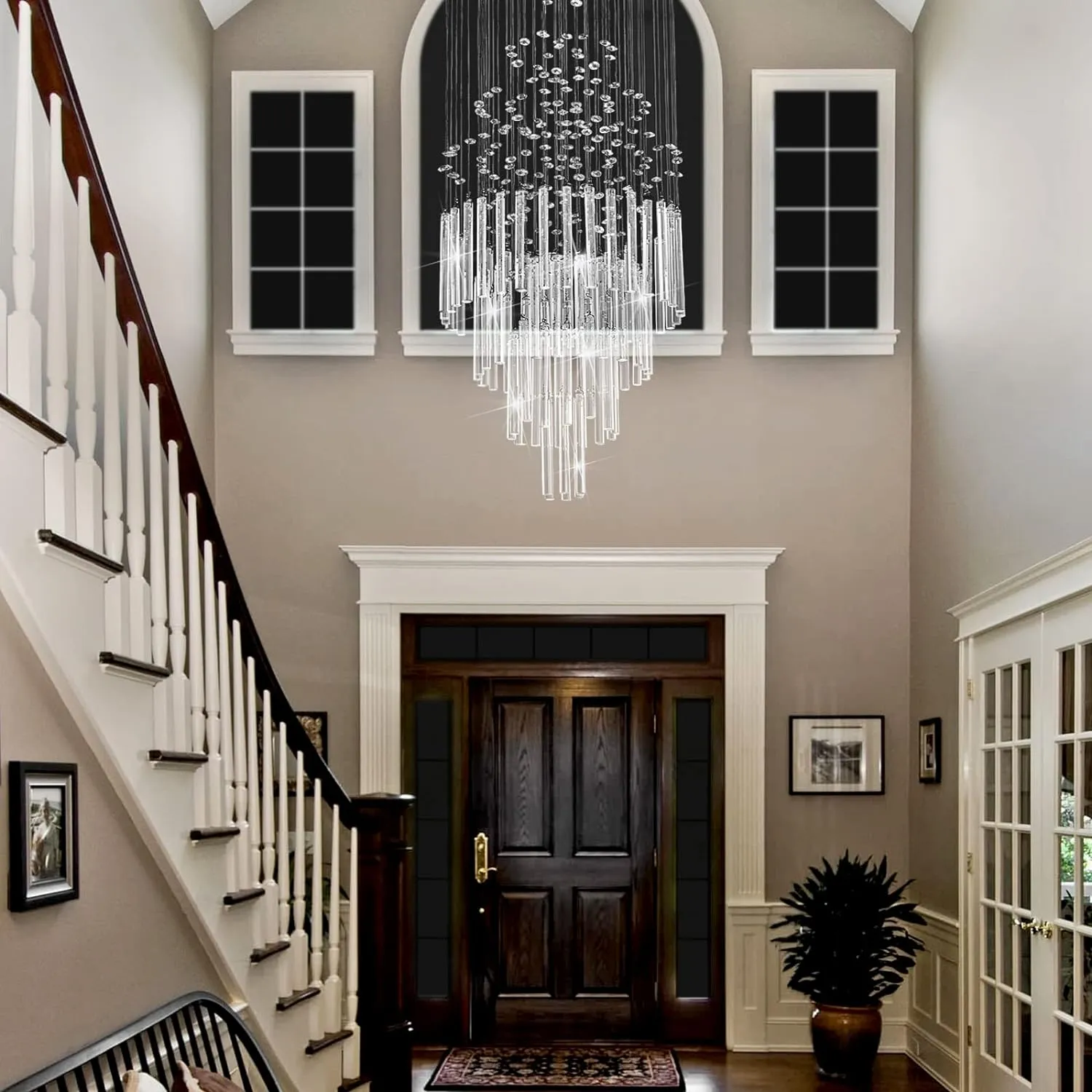 Flush Mount High Ceiling Chandelier, Modern Raindrop Crystal Chandeliers