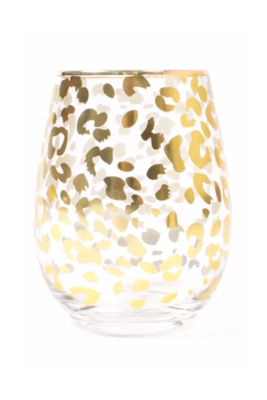 Gold Leopard Stemless Wine Glass