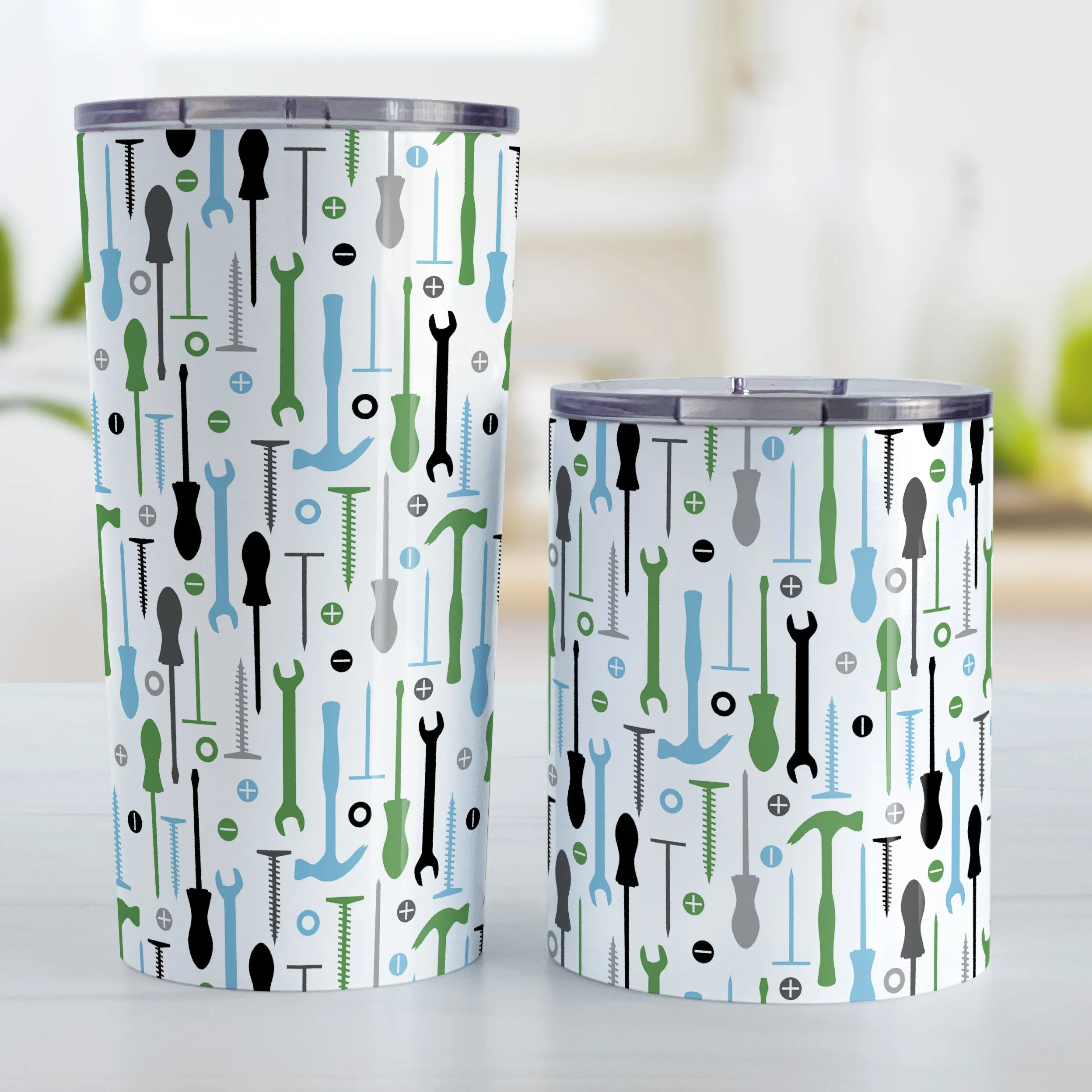 Green Blue Tools Pattern Tumbler Cup