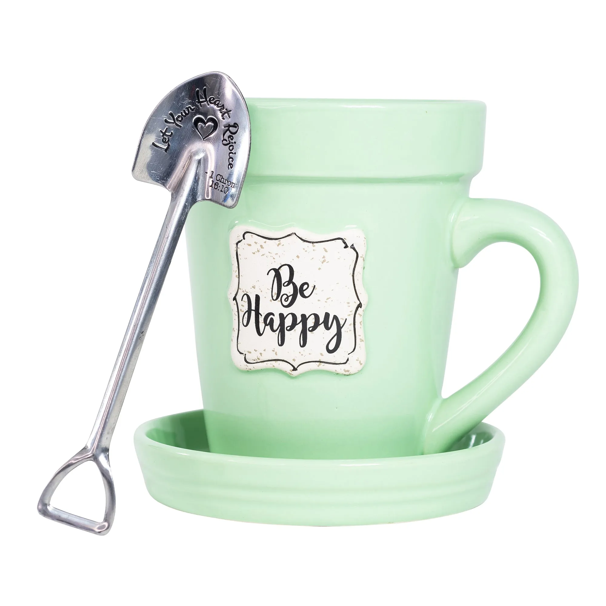 Green Flower Pot Mug w/Scripture - “Be Happy”