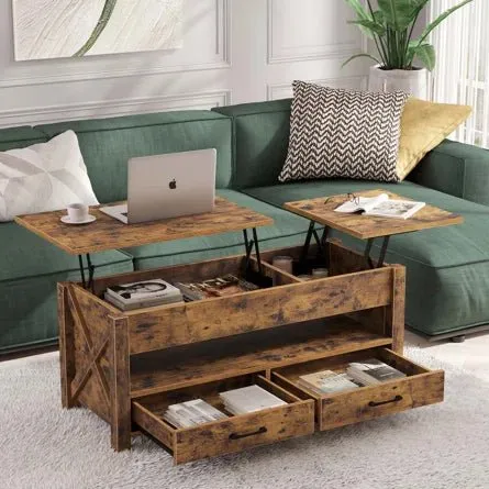 Handmade Dextyn Top Lift Coffee Table with Two Drawers for Storage Space