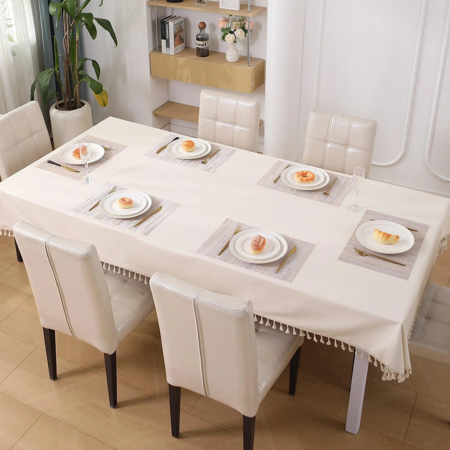 HOKIPO PVC Dining Table Mats and Runner Set of 4/6, Butter Cream Vertical Lines