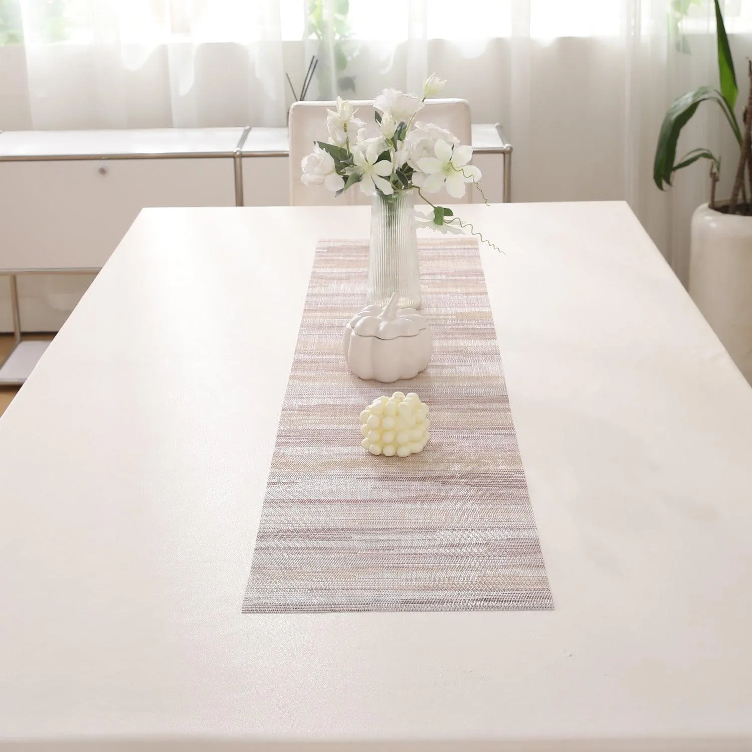 HOKIPO PVC Dining Table Mats and Runner Set of 4/6, Butter Cream Vertical Lines