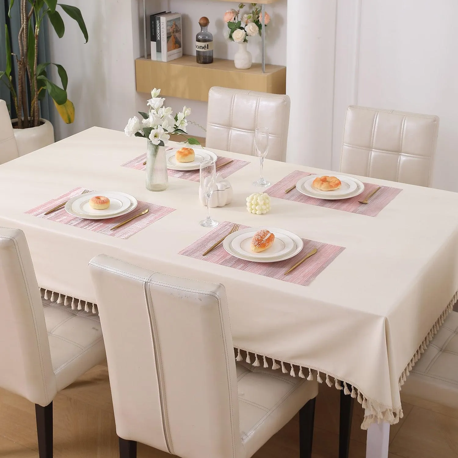 HOKIPO PVC Dining Table Mats and Runner Set of 4/6, Butter Cream Vertical Lines