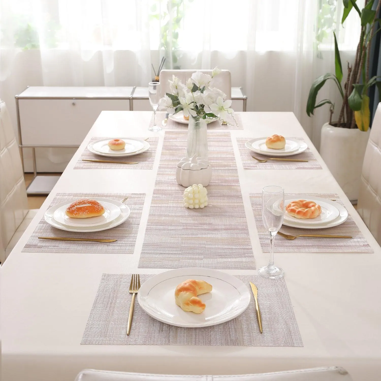 HOKIPO PVC Dining Table Mats and Runner Set of 4/6, Butter Cream Vertical Lines