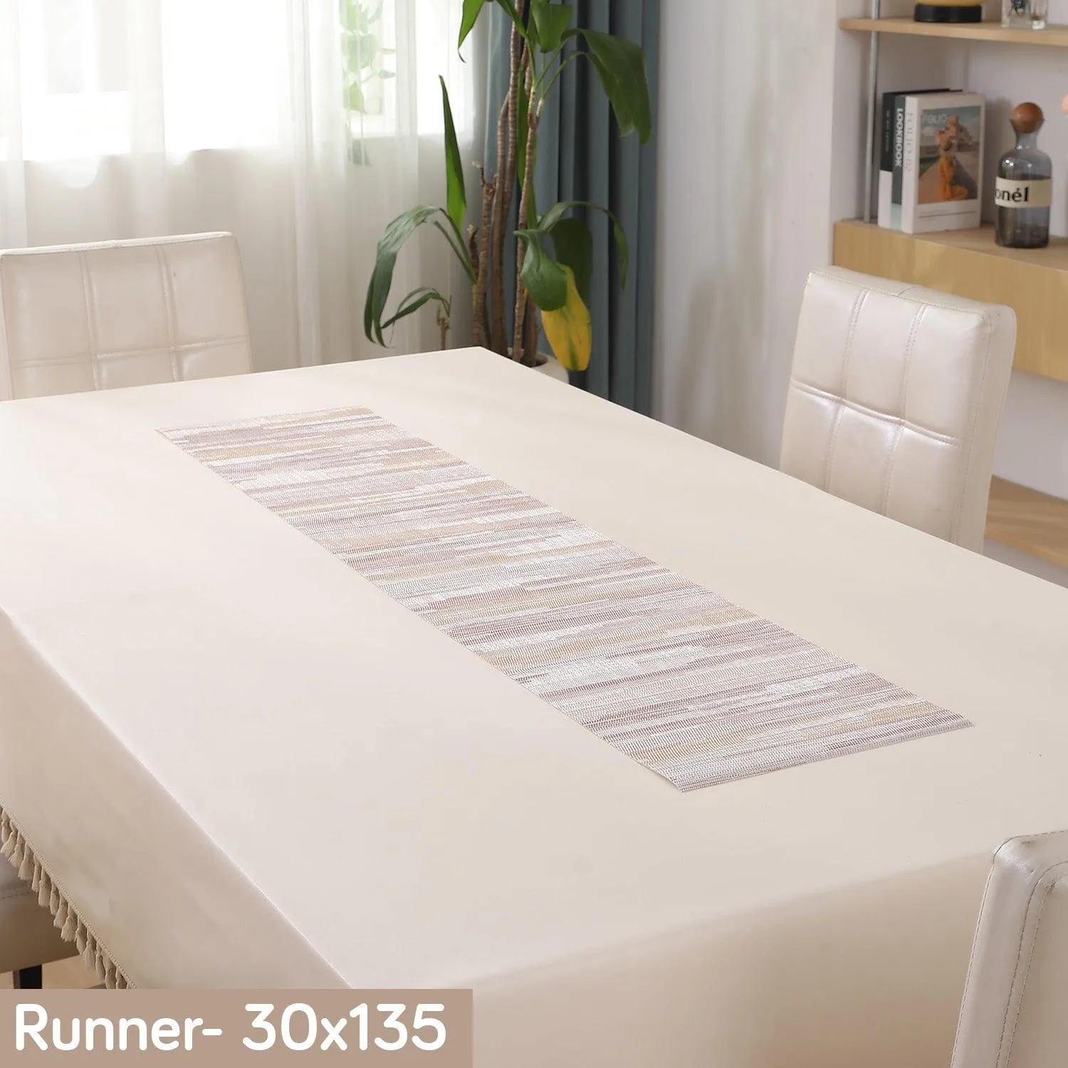 HOKIPO PVC Dining Table Mats and Runner Set of 4/6, Butter Cream Vertical Lines