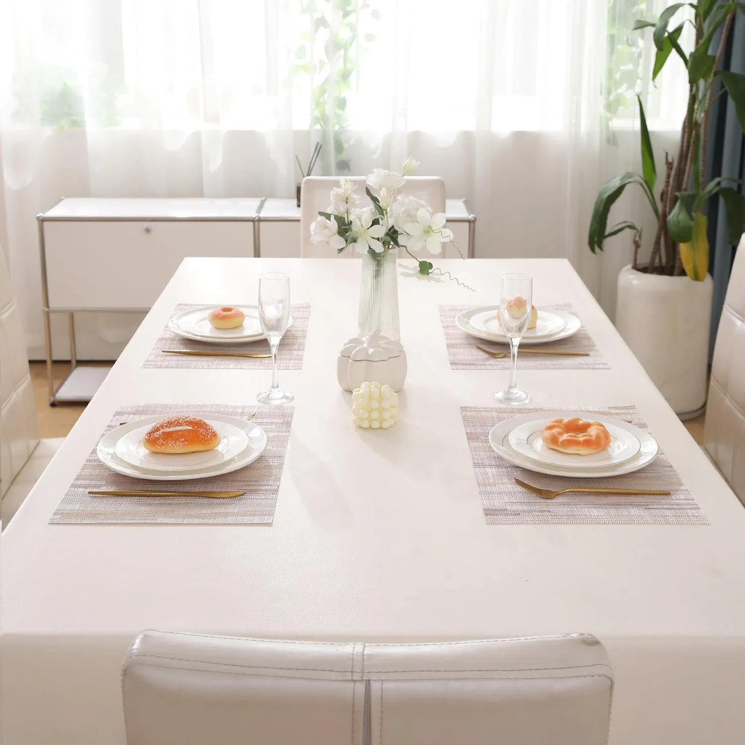 HOKIPO PVC Dining Table Mats and Runner Set of 4/6, Butter Cream Vertical Lines