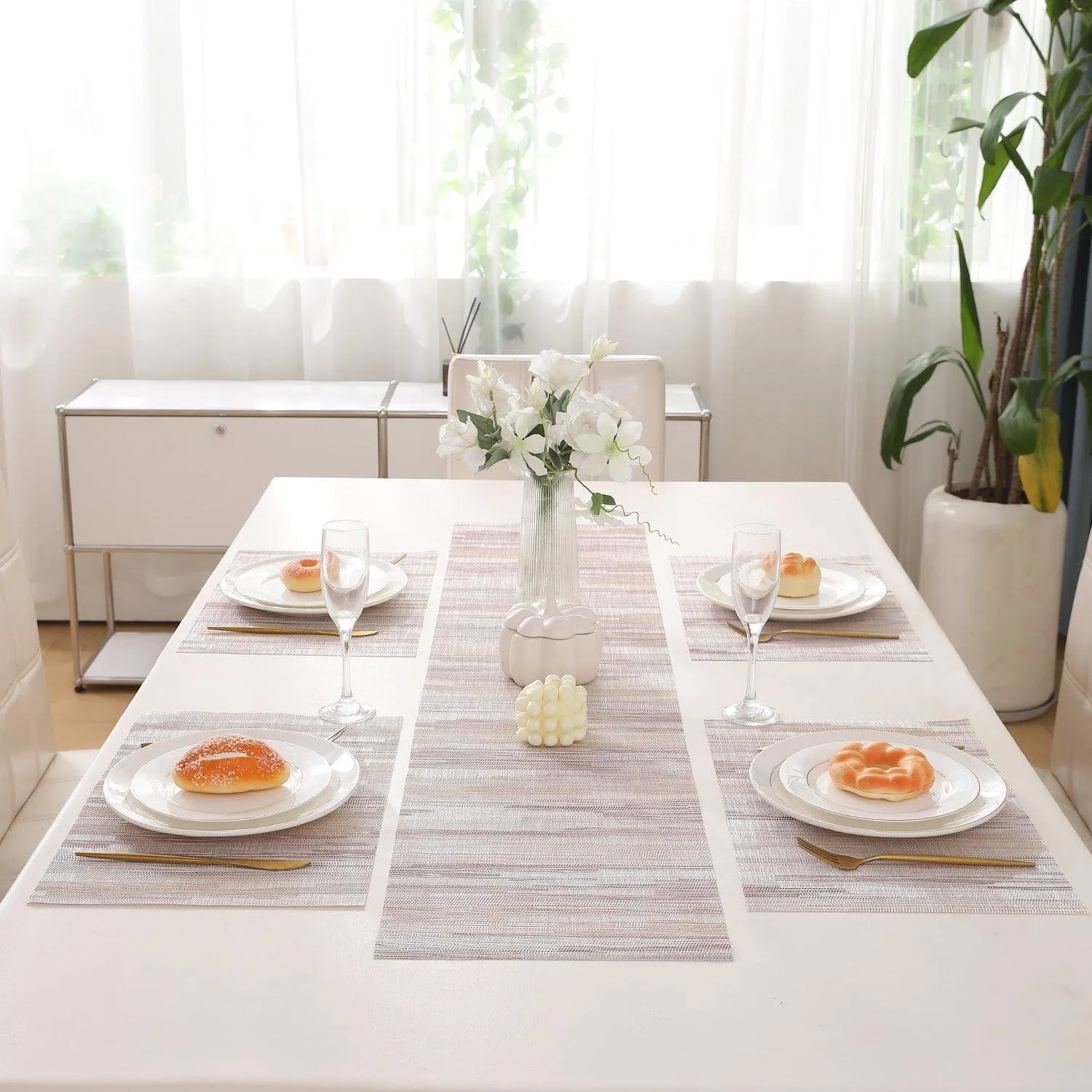 HOKIPO PVC Dining Table Mats and Runner Set of 4/6, Butter Cream Vertical Lines