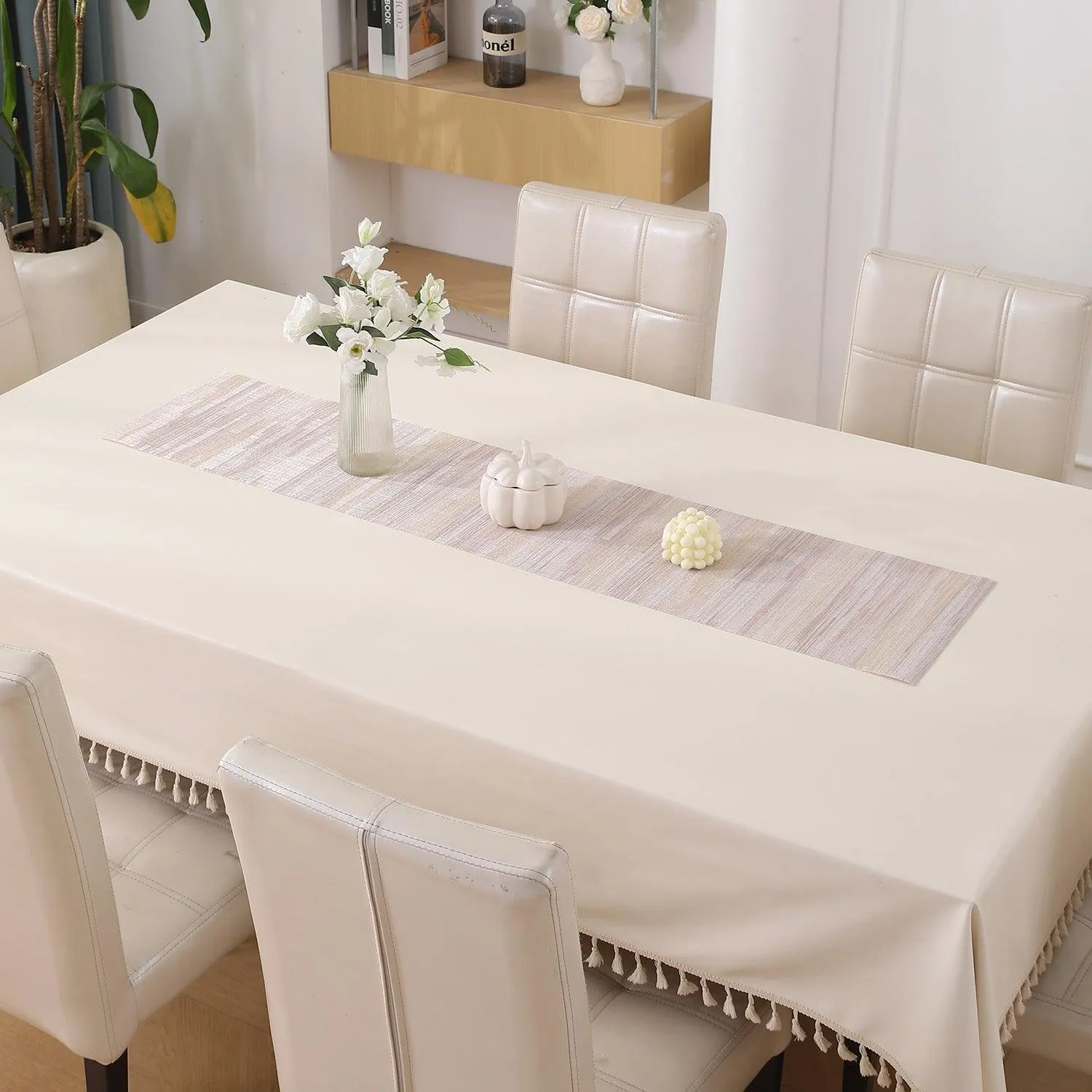 HOKIPO PVC Dining Table Mats and Runner Set of 4/6, Butter Cream Vertical Lines