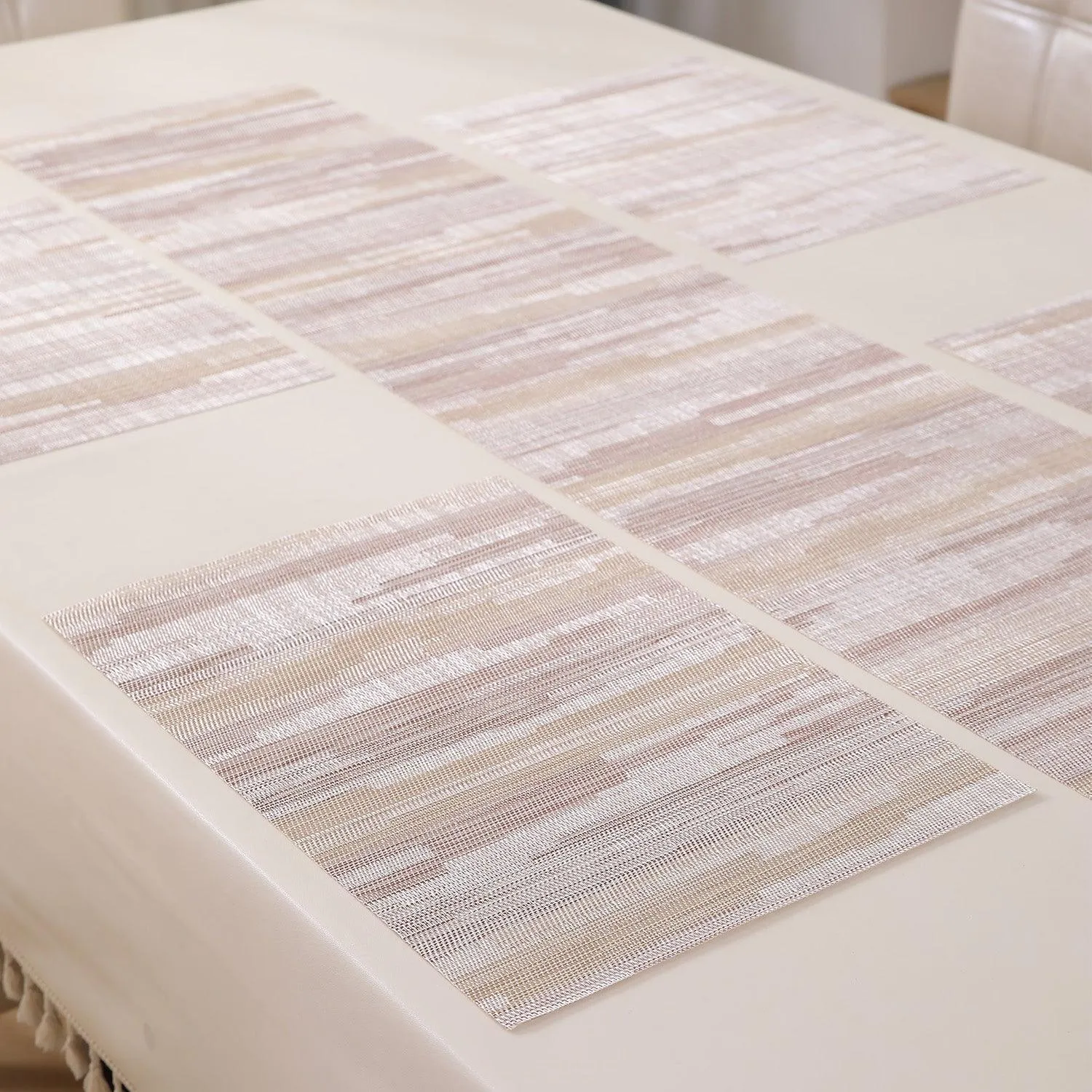 HOKIPO PVC Dining Table Mats and Runner Set of 4/6, Butter Cream Vertical Lines