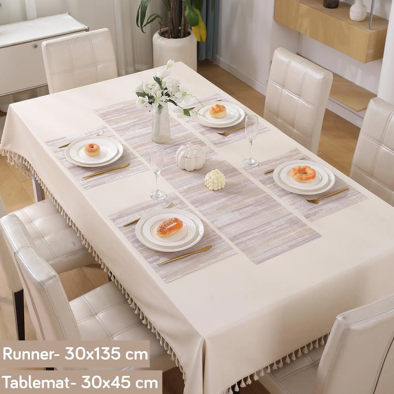 HOKIPO PVC Dining Table Mats and Runner Set of 4/6, Butter Cream Vertical Lines