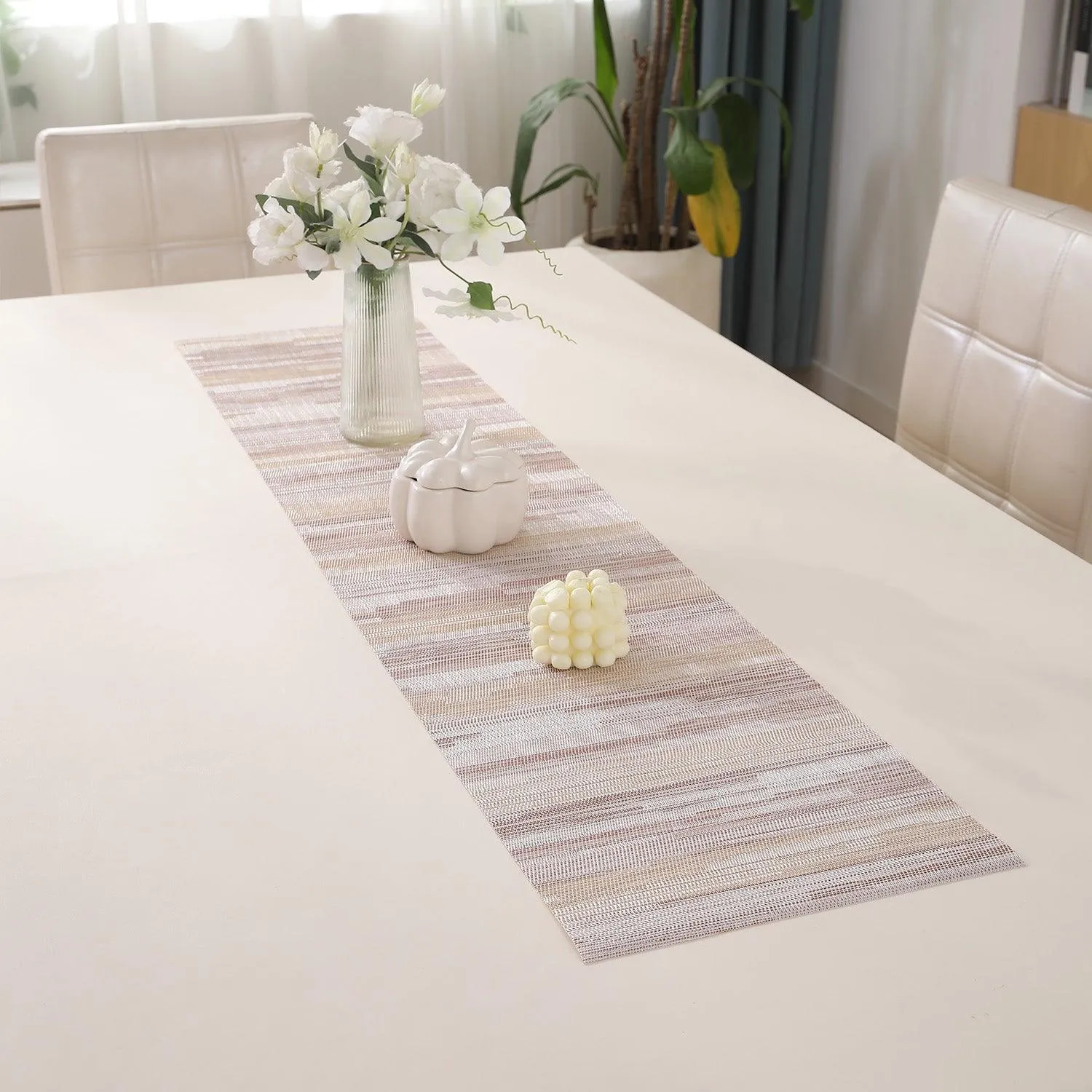 HOKIPO PVC Dining Table Mats and Runner Set of 4/6, Butter Cream Vertical Lines