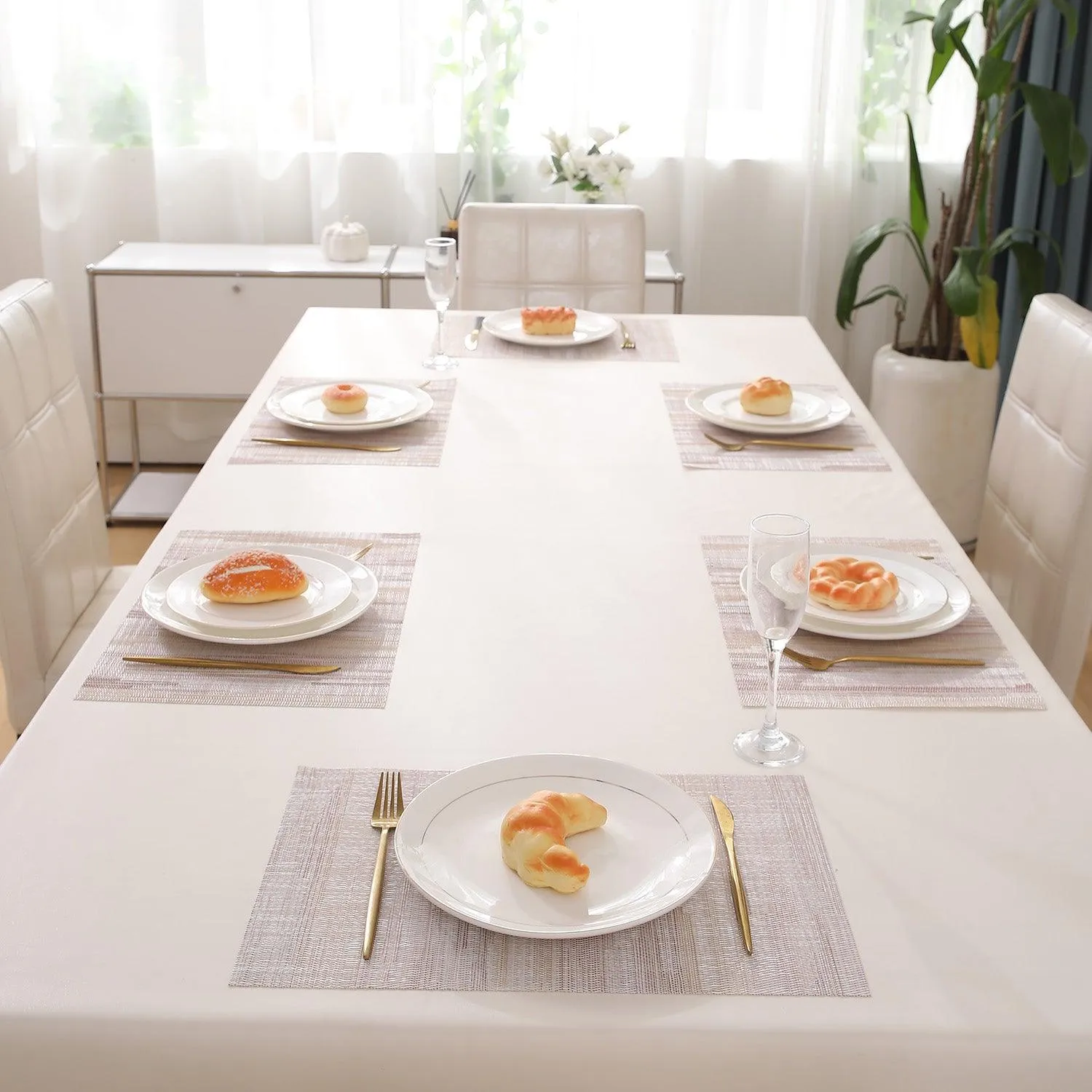 HOKIPO PVC Dining Table Mats and Runner Set of 4/6, Butter Cream Vertical Lines