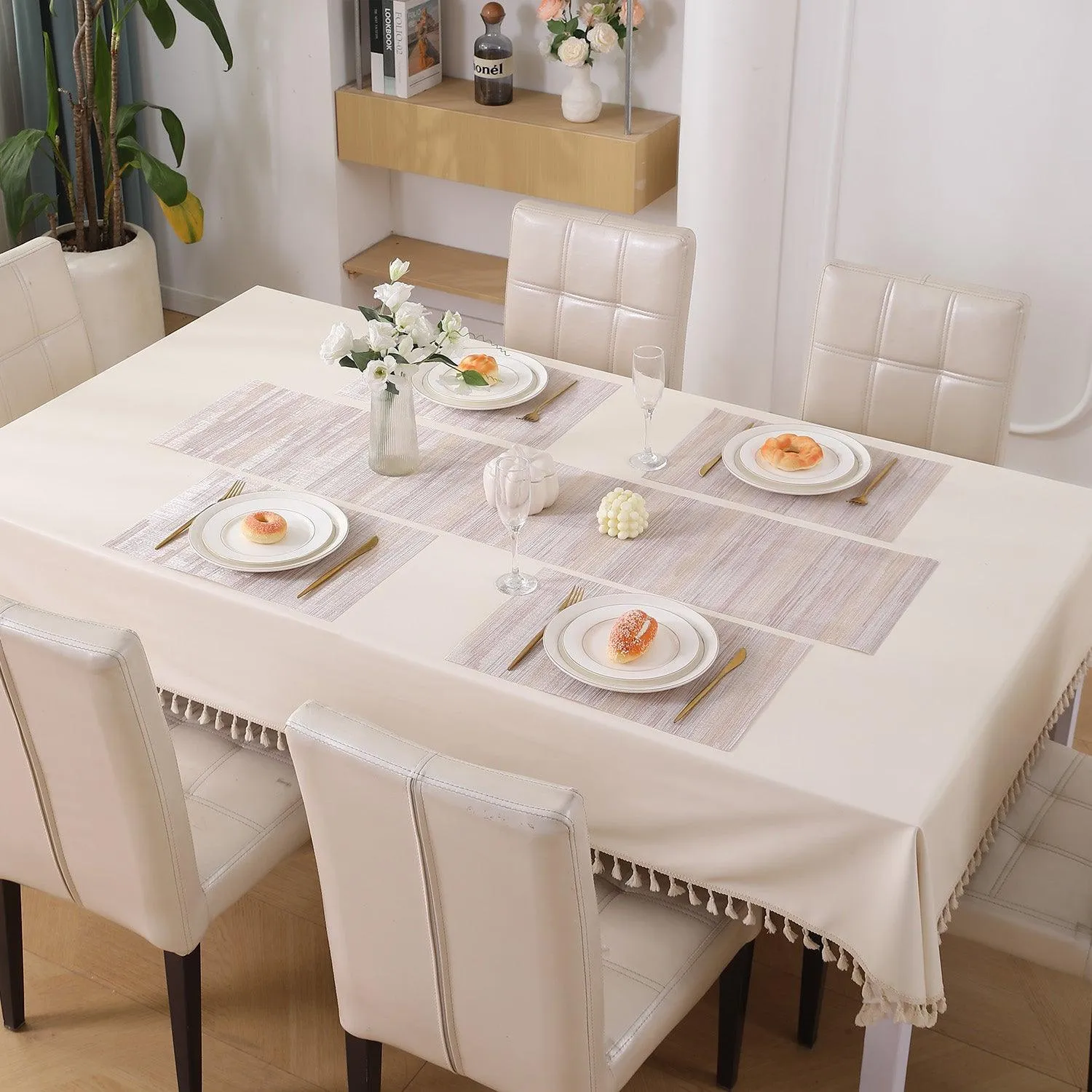 HOKIPO PVC Dining Table Mats and Runner Set of 4/6, Butter Cream Vertical Lines