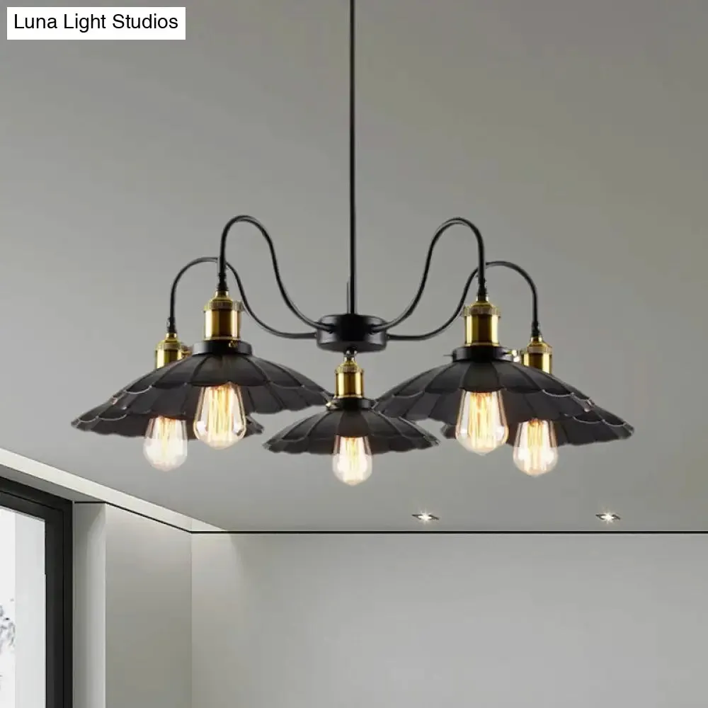 Industrial Metal Chandelier with Scalloped Design - Black Finish, 5 Heads, Indoor Pendant Lighting