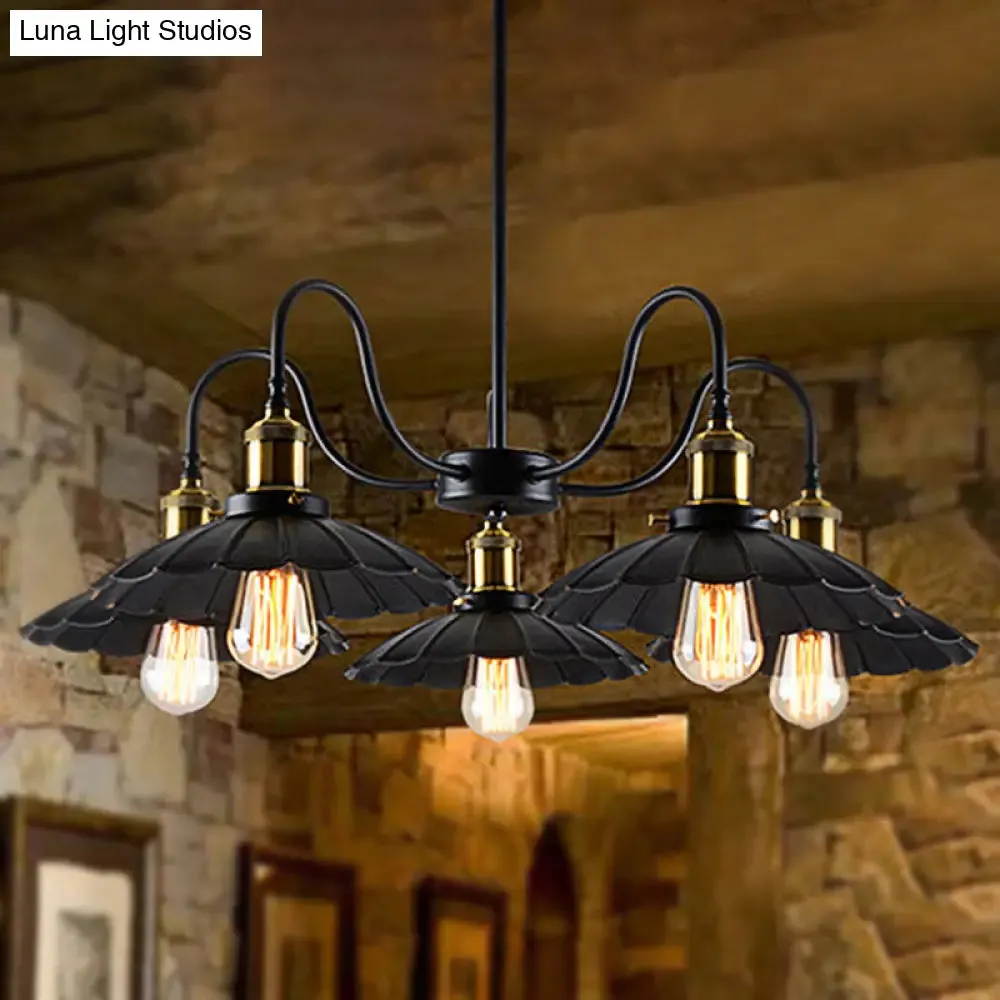 Industrial Metal Chandelier with Scalloped Design - Black Finish, 5 Heads, Indoor Pendant Lighting