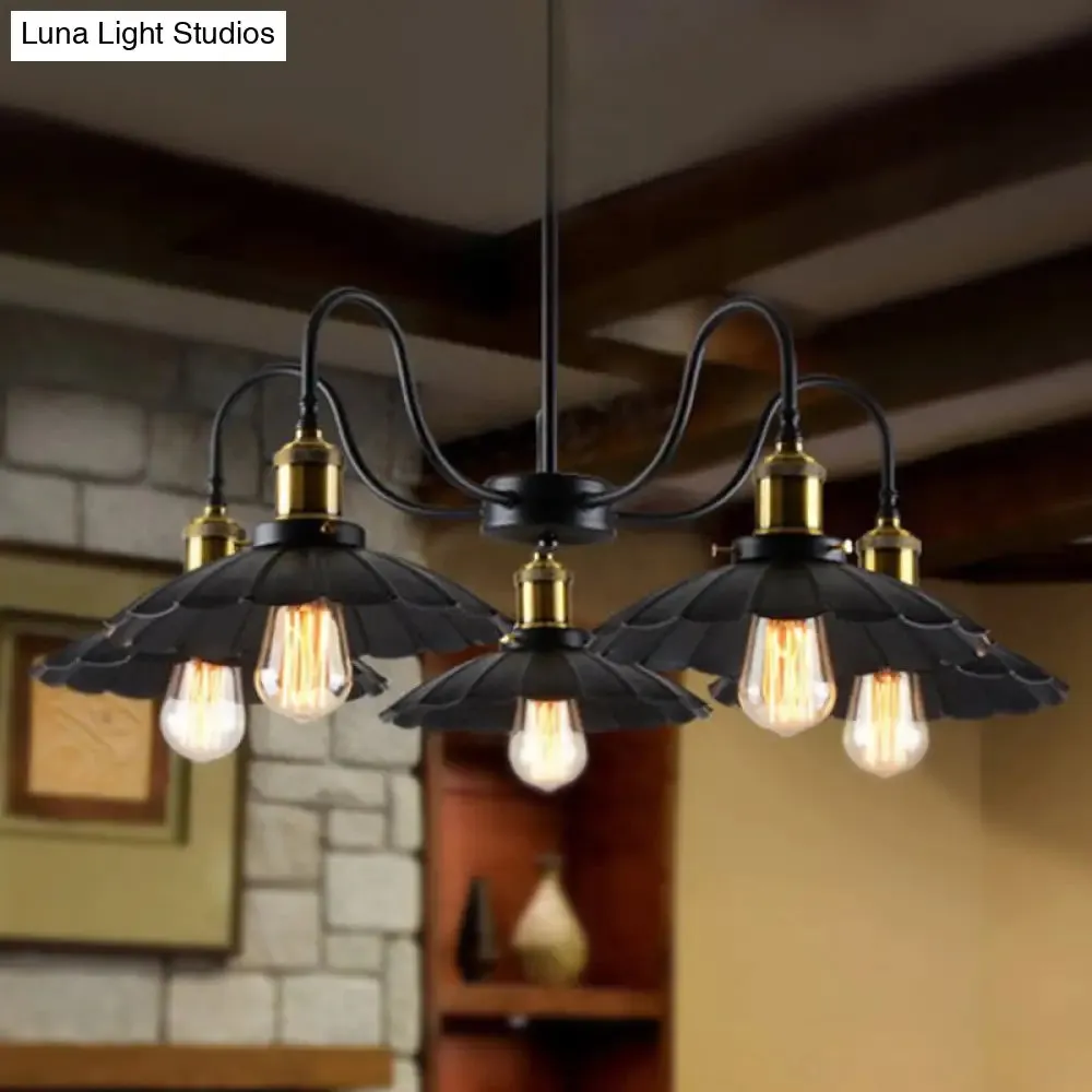 Industrial Metal Chandelier with Scalloped Design - Black Finish, 5 Heads, Indoor Pendant Lighting