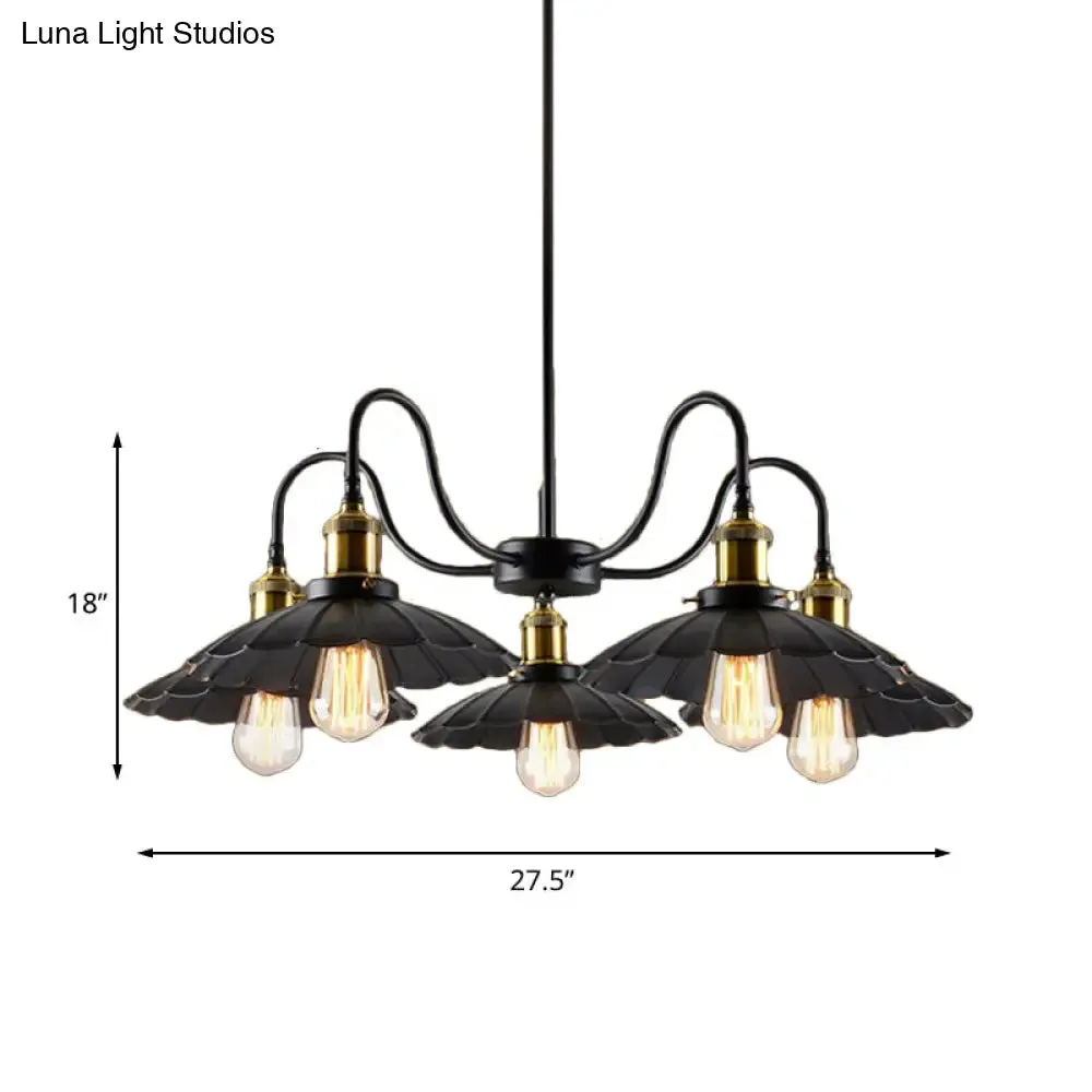 Industrial Metal Chandelier with Scalloped Design - Black Finish, 5 Heads, Indoor Pendant Lighting