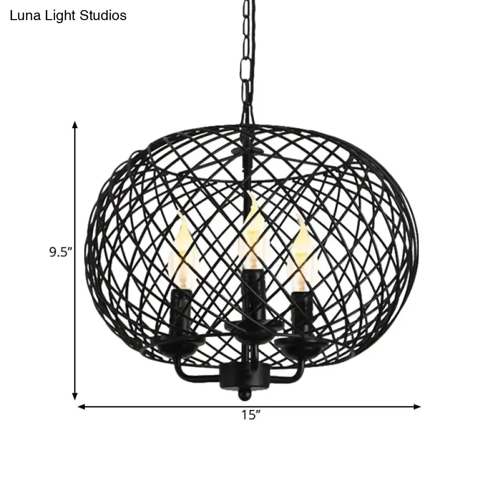 Industrial Metal Mesh Drum Shade Chandelier Lamp - Black 3-Bulb Hanging Ceiling Fixture for Dining Room