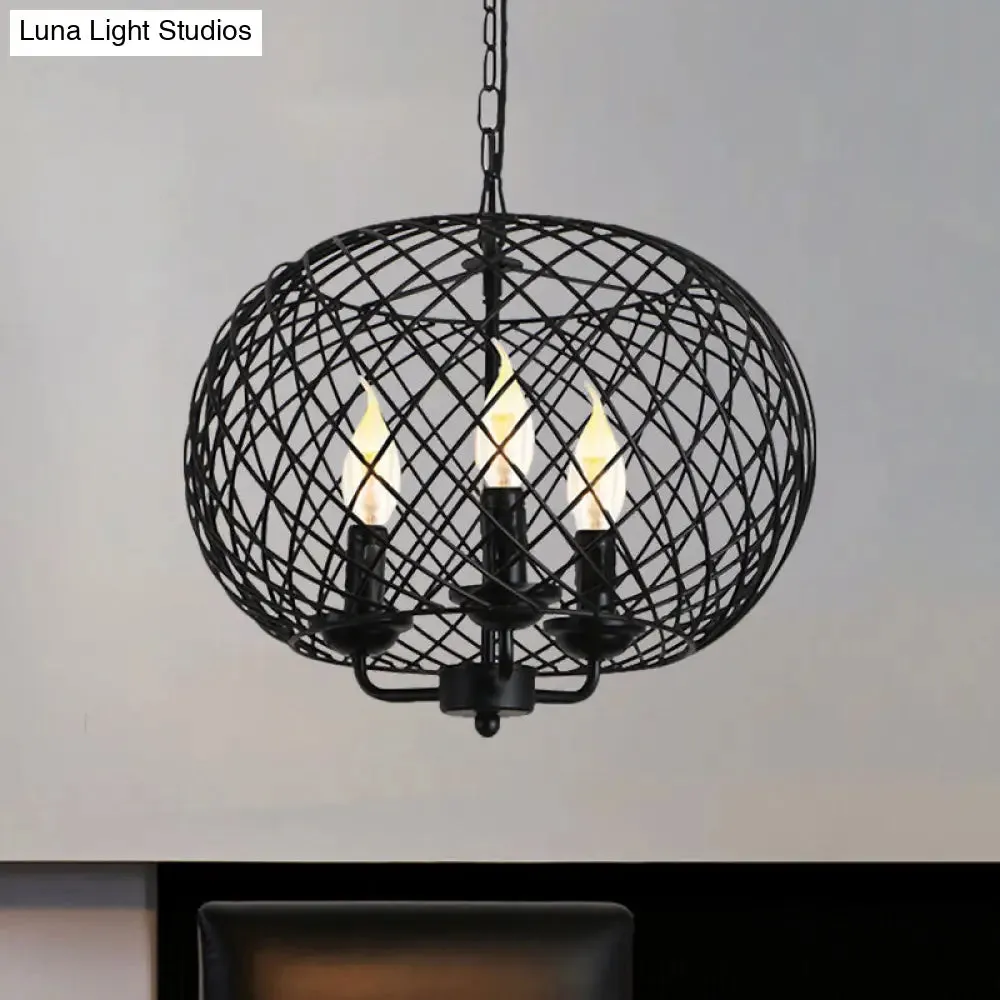 Industrial Metal Mesh Drum Shade Chandelier Lamp - Black 3-Bulb Hanging Ceiling Fixture for Dining Room