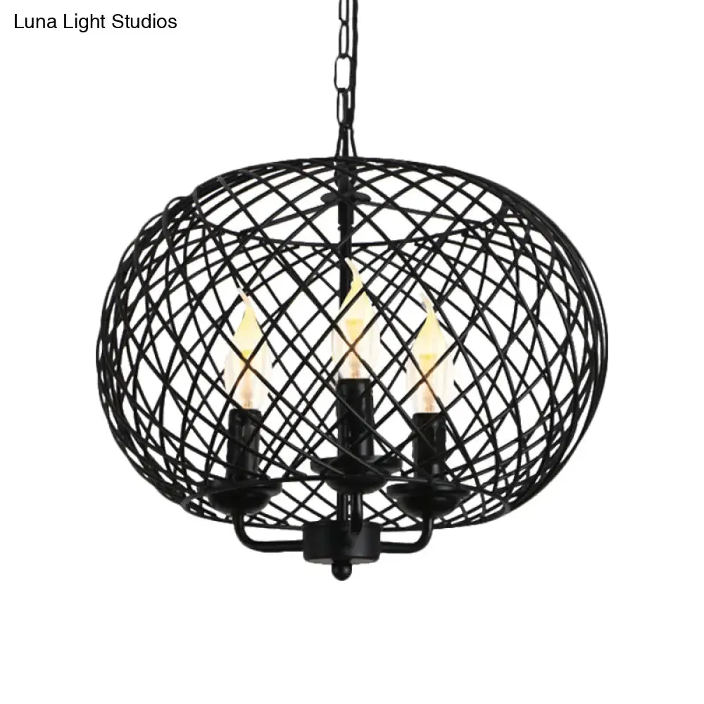 Industrial Metal Mesh Drum Shade Chandelier Lamp - Black 3-Bulb Hanging Ceiling Fixture for Dining Room