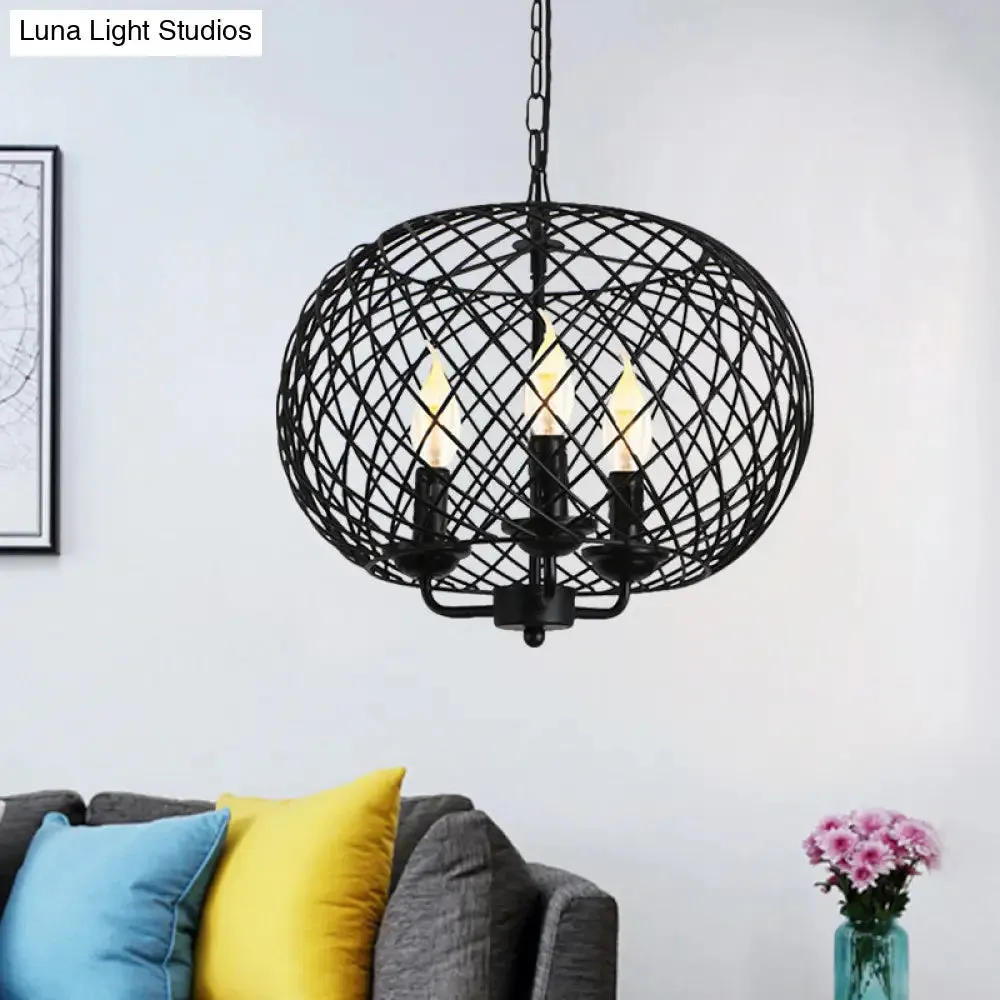 Industrial Metal Mesh Drum Shade Chandelier Lamp - Black 3-Bulb Hanging Ceiling Fixture for Dining Room