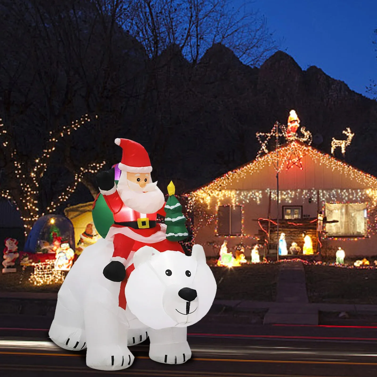 Inflatable Santa on Polar Bear and Snowman