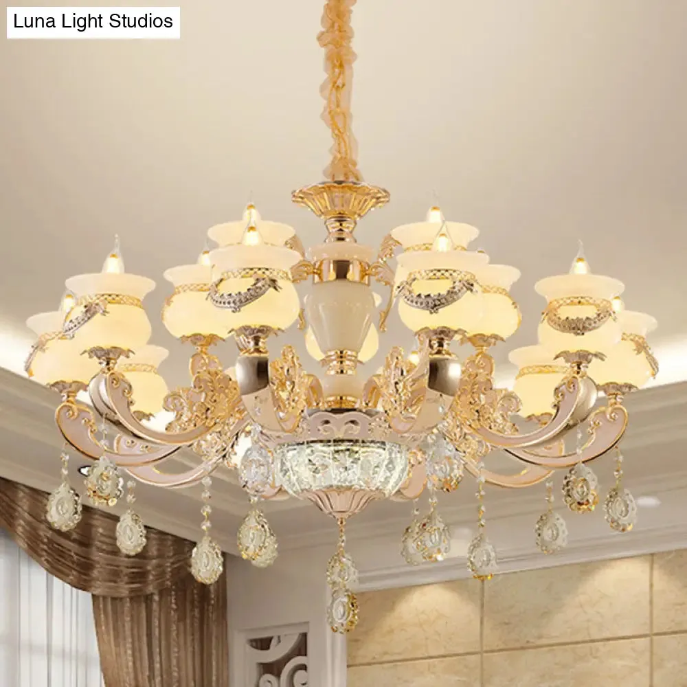 Jade Gold Candle Chandelier with Crystal Accent - Elegant Lighting for Country Living Rooms