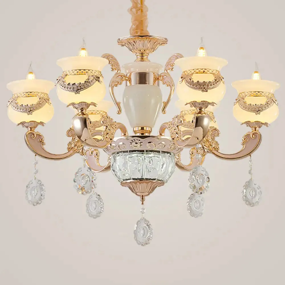 Jade Gold Candle Chandelier with Crystal Accent - Elegant Lighting for Country Living Rooms