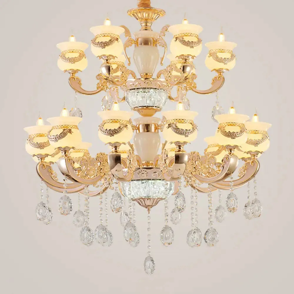 Jade Gold Candle Chandelier with Crystal Accent - Elegant Lighting for Country Living Rooms