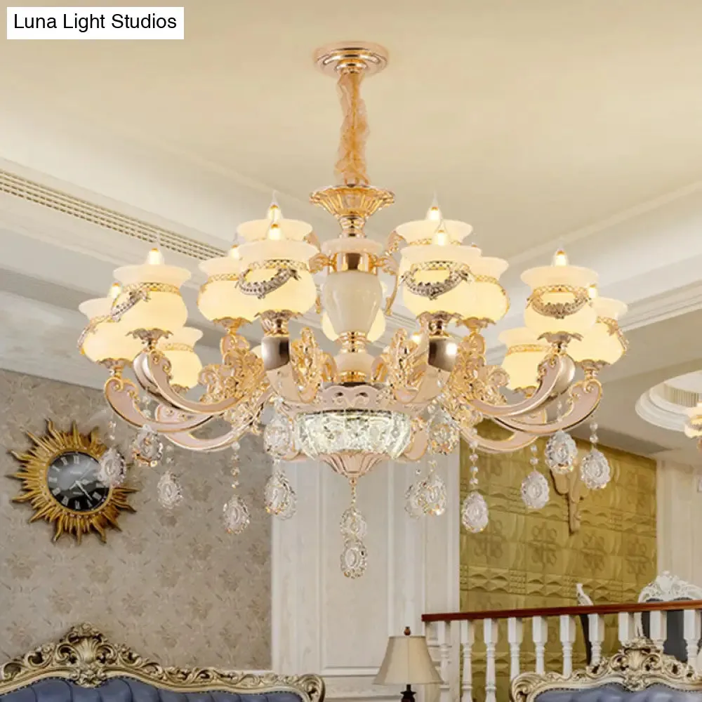 Jade Gold Candle Chandelier with Crystal Accent - Elegant Lighting for Country Living Rooms