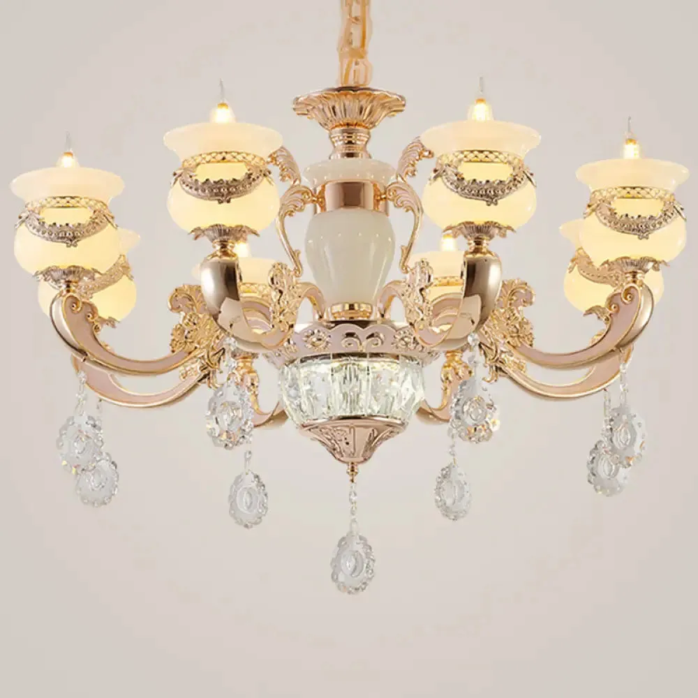 Jade Gold Candle Chandelier with Crystal Accent - Elegant Lighting for Country Living Rooms