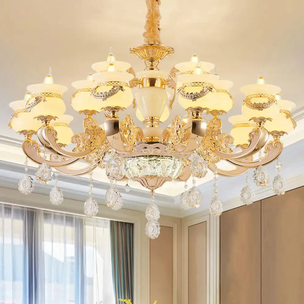 Jade Gold Candle Chandelier with Crystal Accent - Elegant Lighting for Country Living Rooms