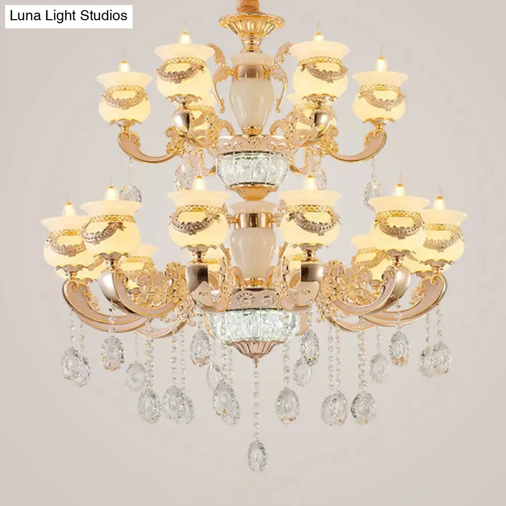 Jade Gold Candle Chandelier with Crystal Accent - Elegant Lighting for Country Living Rooms