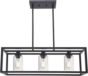 Kitchen Island Lighting 3 Lights Farmhouse Chandelier, Black Pendant Lighting with Clear Glass Shade, Dining Room Lighting Fixtures Hanging Rectangle Chandelier Lighting