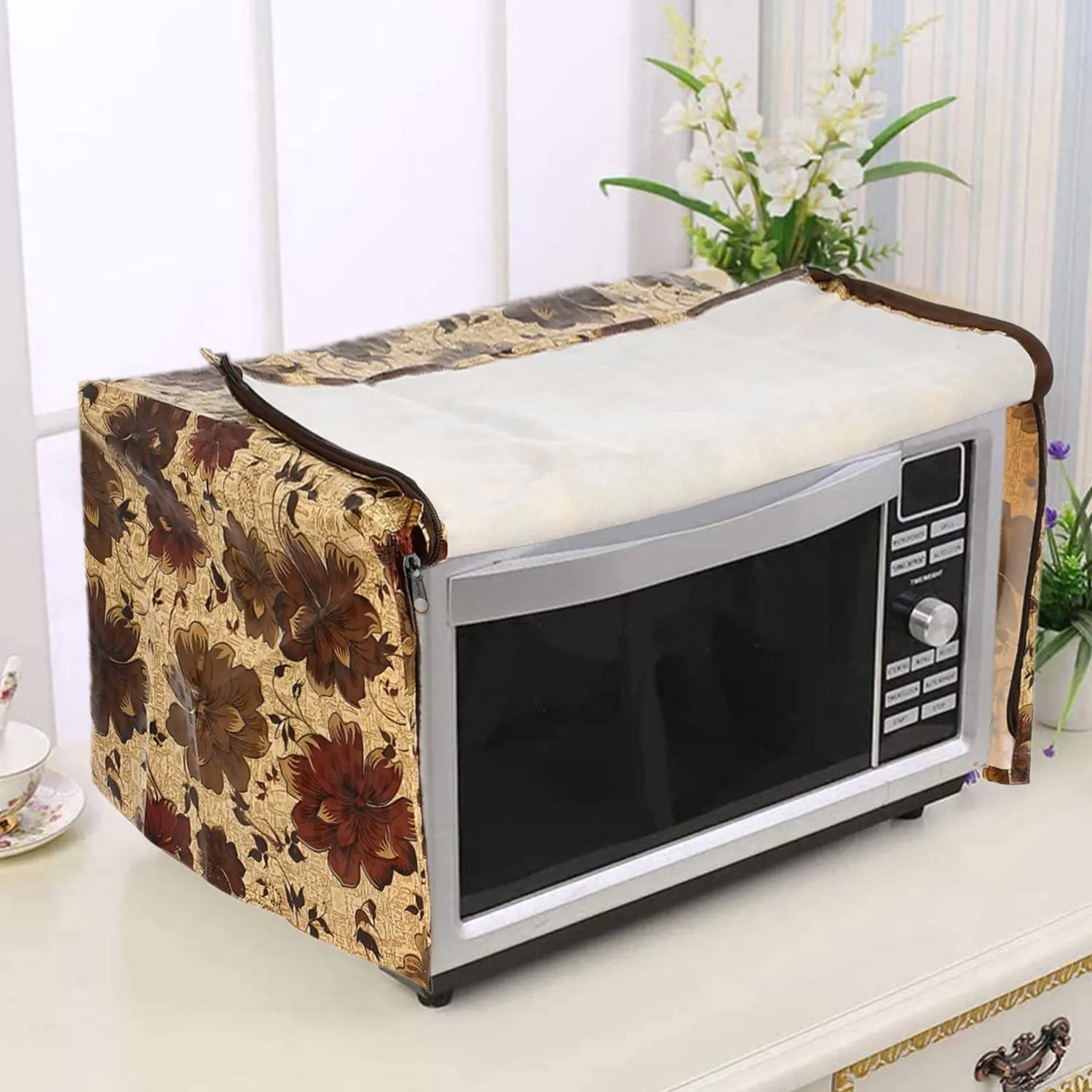 Kuber Industries PVC Flower Printed Microwave Oven Cover, Dustproof Machine Protector Cover,30 LTR. (Brown)-50KM01271