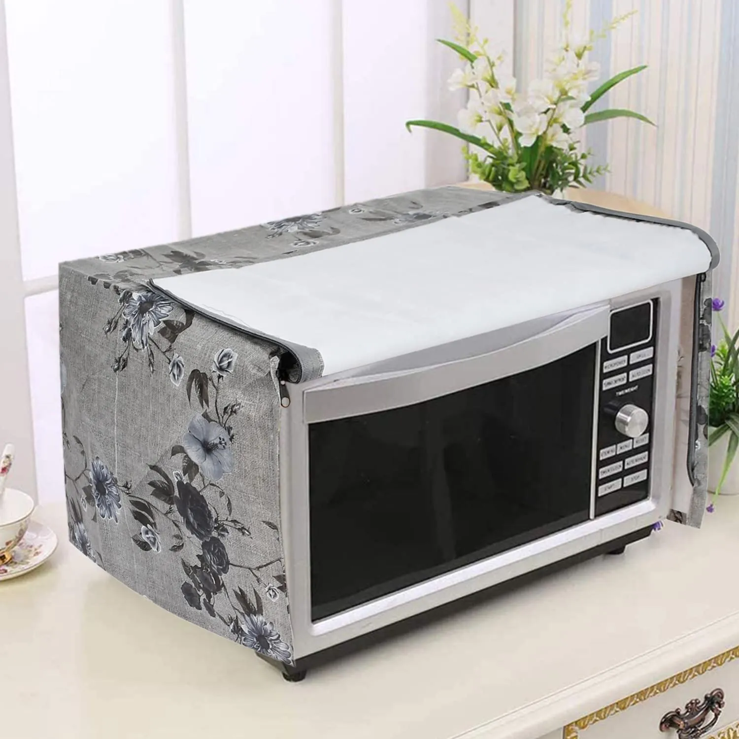 Kuber Industries PVC Flower Printed Microwave Oven Cover, Dustproof Machine Protector Cover,30 LTR. (Grey)-50KM01263