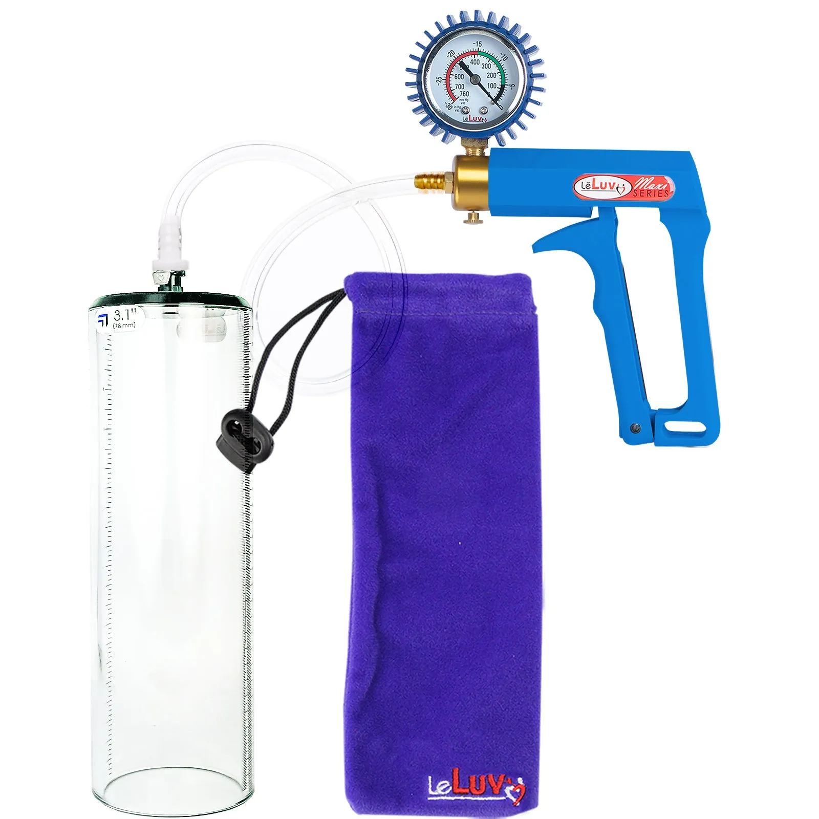 LeLuv Maxi Penis Pump - Blue Handle, Clear Hose - Thick-Walled Cylinders