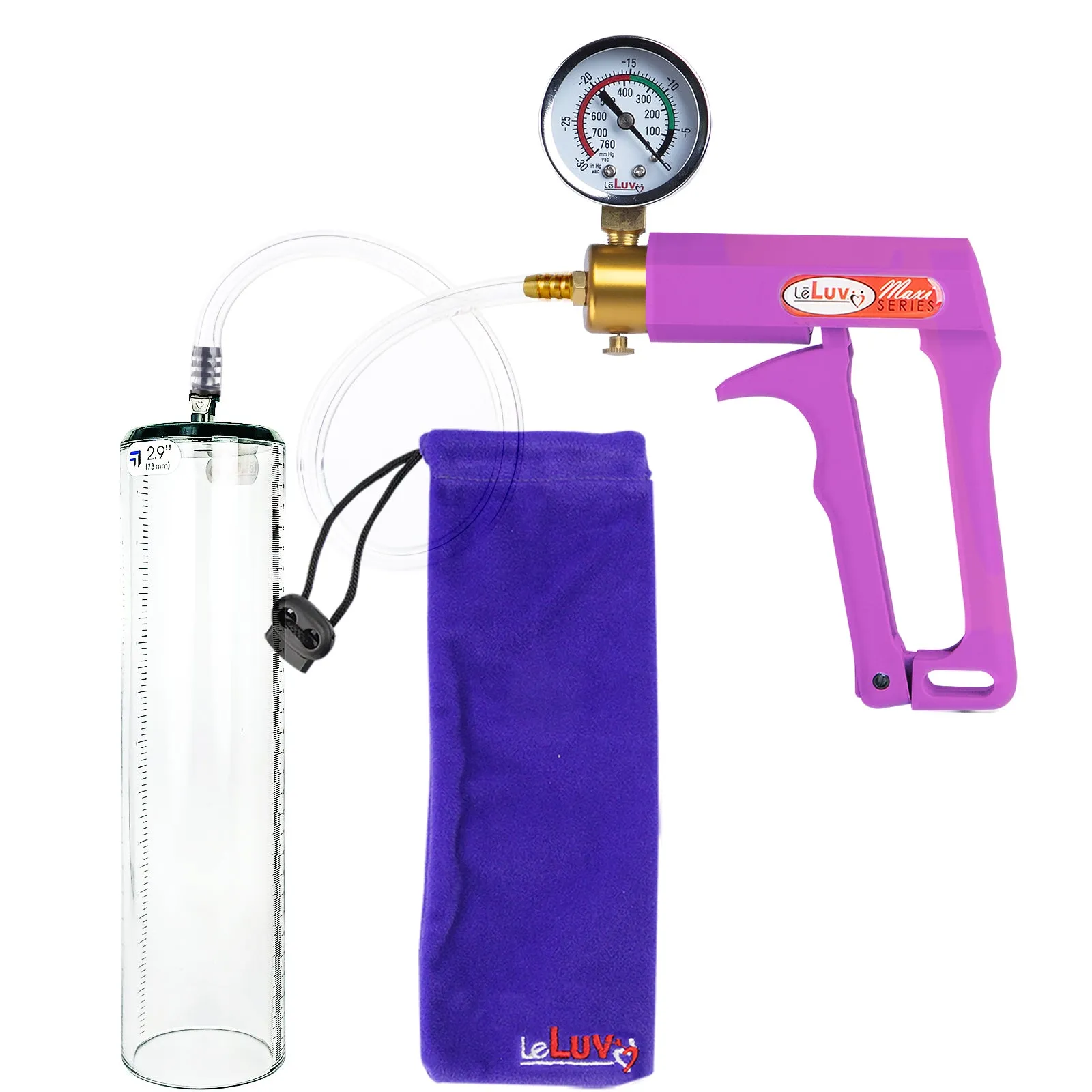 Leluv Maxi Penis Vacuum Pump - Thick-Walled Cylinder Options - Purple Handle Clear Hose