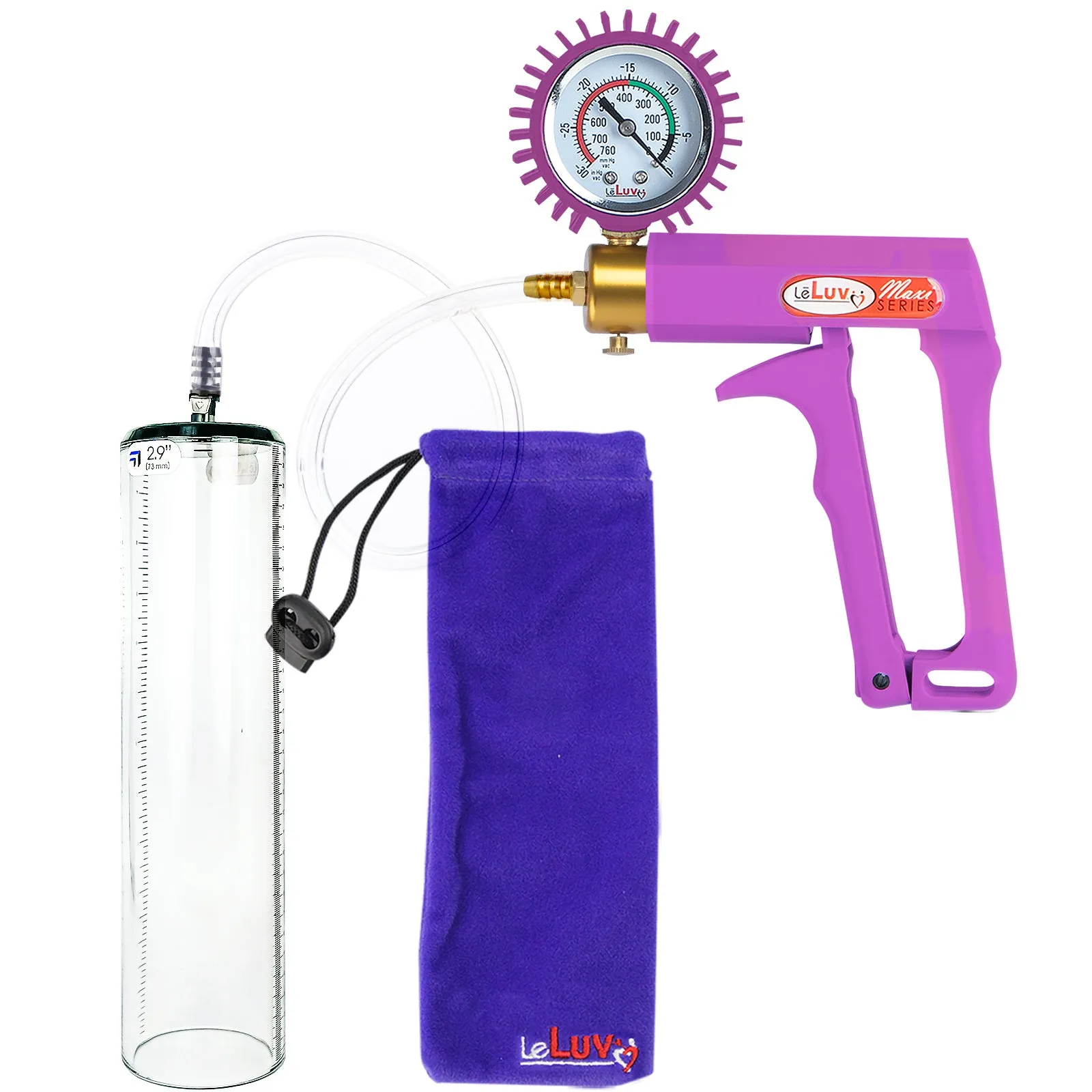 Leluv Maxi Penis Vacuum Pump - Thick-Walled Cylinder Options - Purple Handle Clear Hose