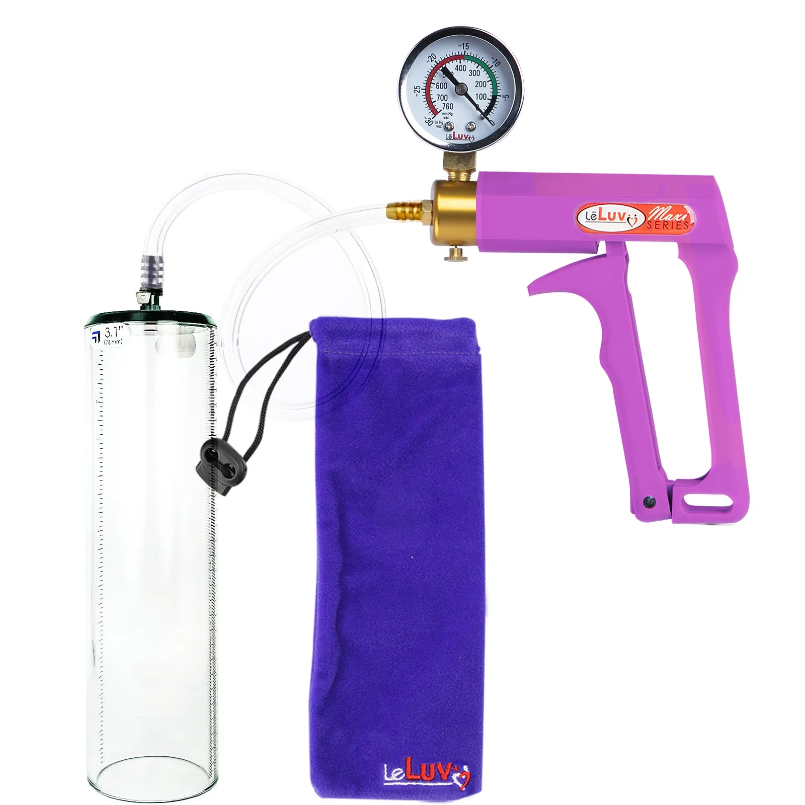 Leluv Maxi Penis Vacuum Pump - Thick-Walled Cylinder Options - Purple Handle Clear Hose