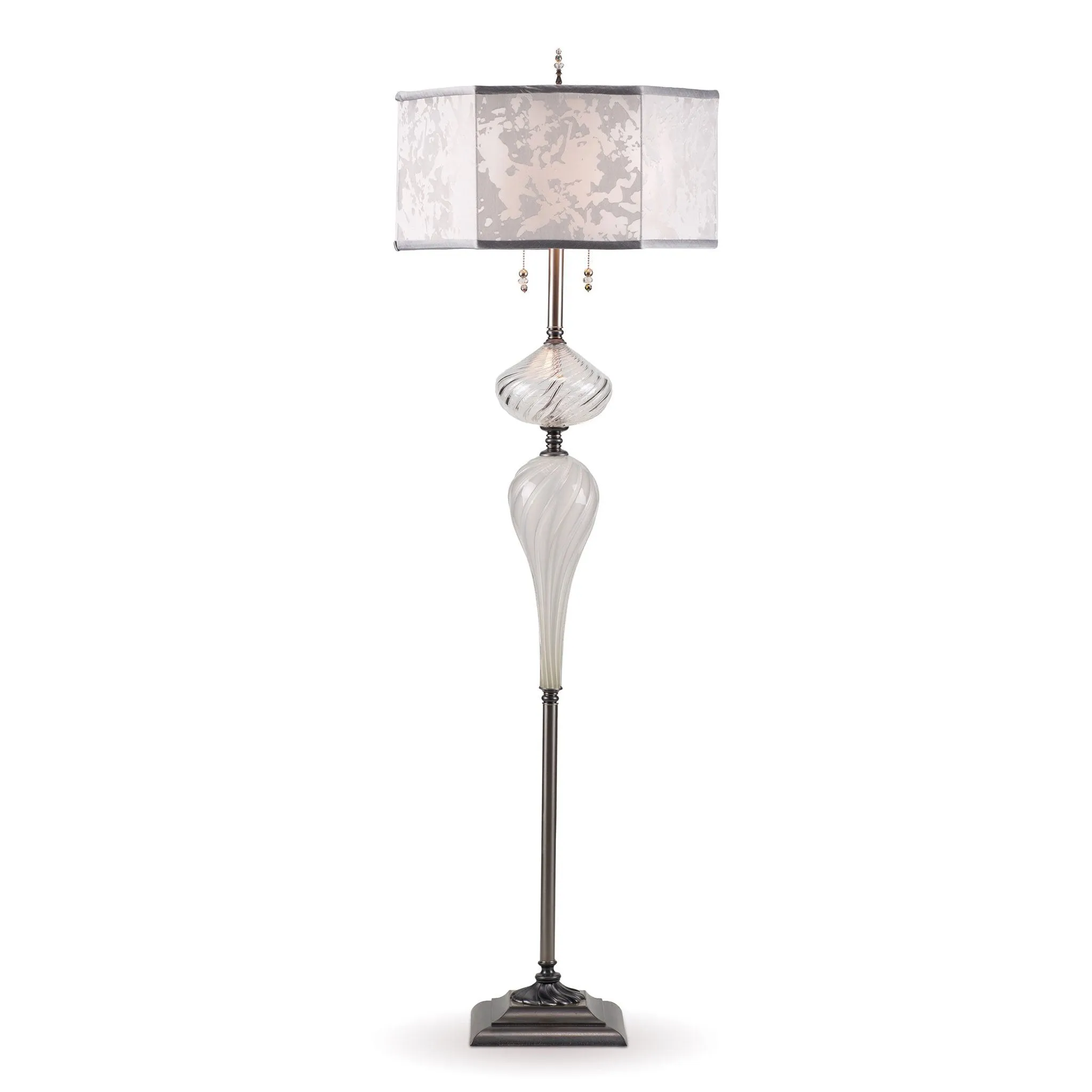 Matt Floor Lamp F 183 As 154 by Kinzig Design, Clear, Silver, Gray Blown Glass, White, Silver Silk Shade