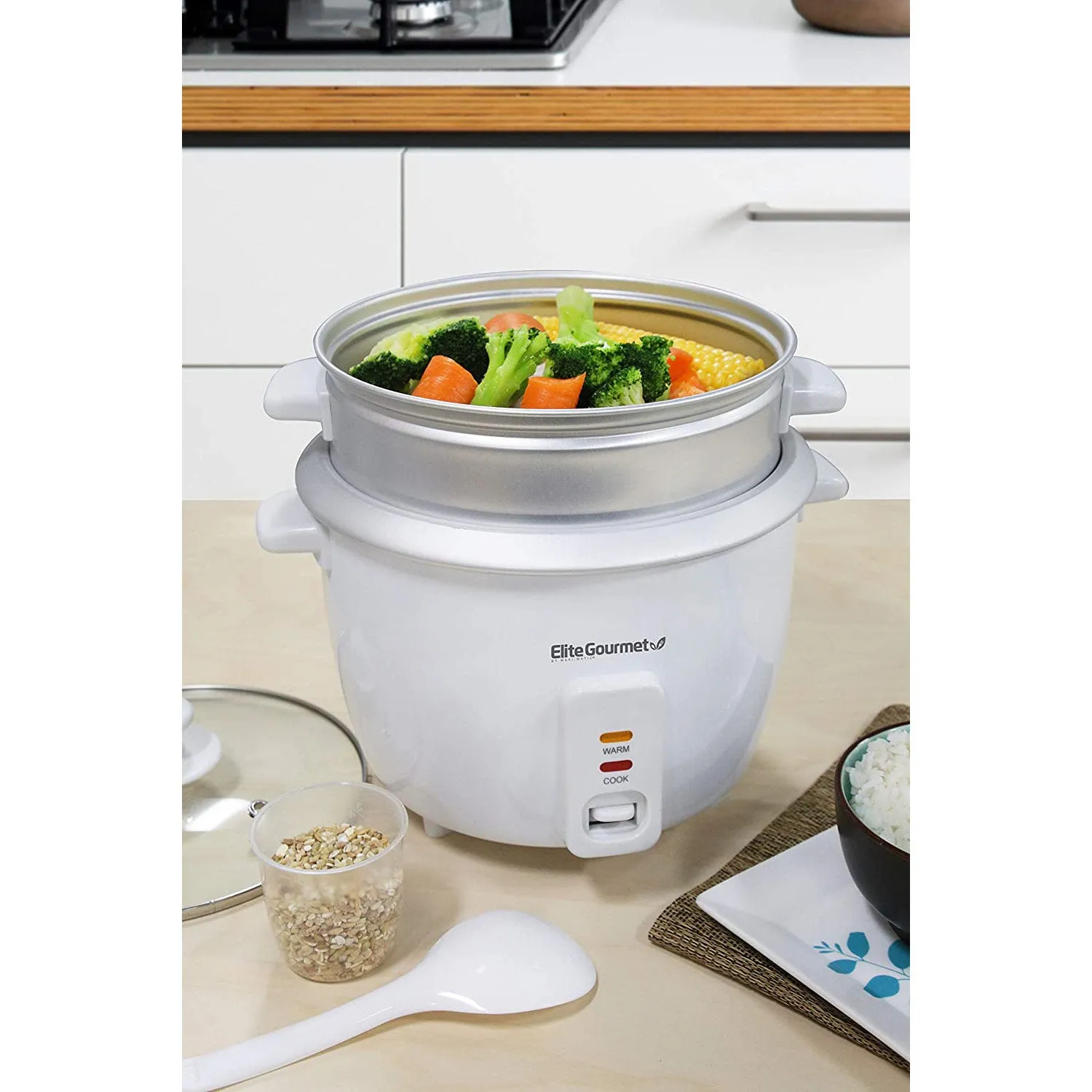 Maxi-Matic Elite Gourmet Rice Cooker With Steam Tray, White, 16 Cup