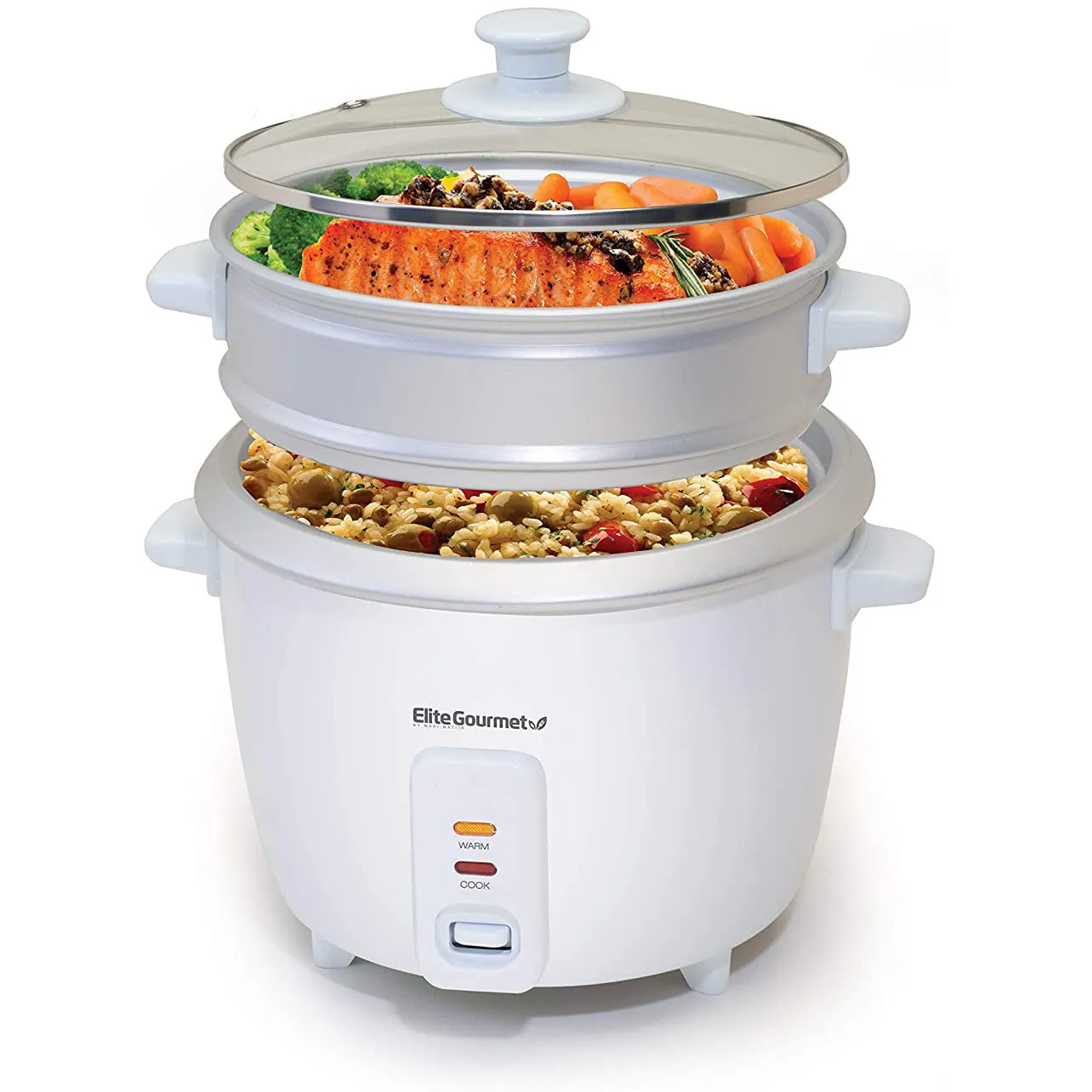 Maxi-Matic Elite Gourmet Rice Cooker With Steam Tray, White, 16 Cup