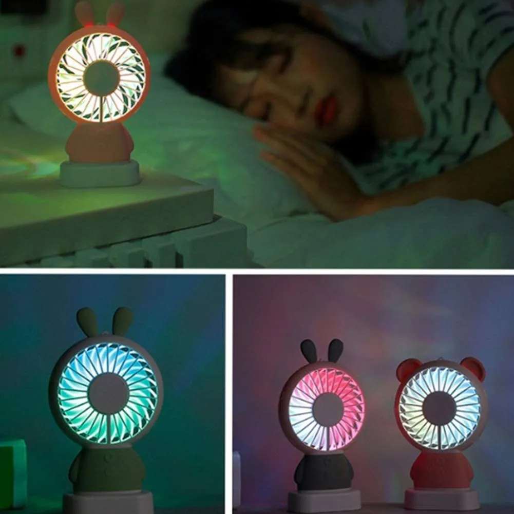 MINI PORTABLE FAN USB RECHARGEABLE HANDHELD BEAR STYLE COLOR CHANGING LED LIGHT POCKET DESK LIGHT FAN (Battery Not Include)