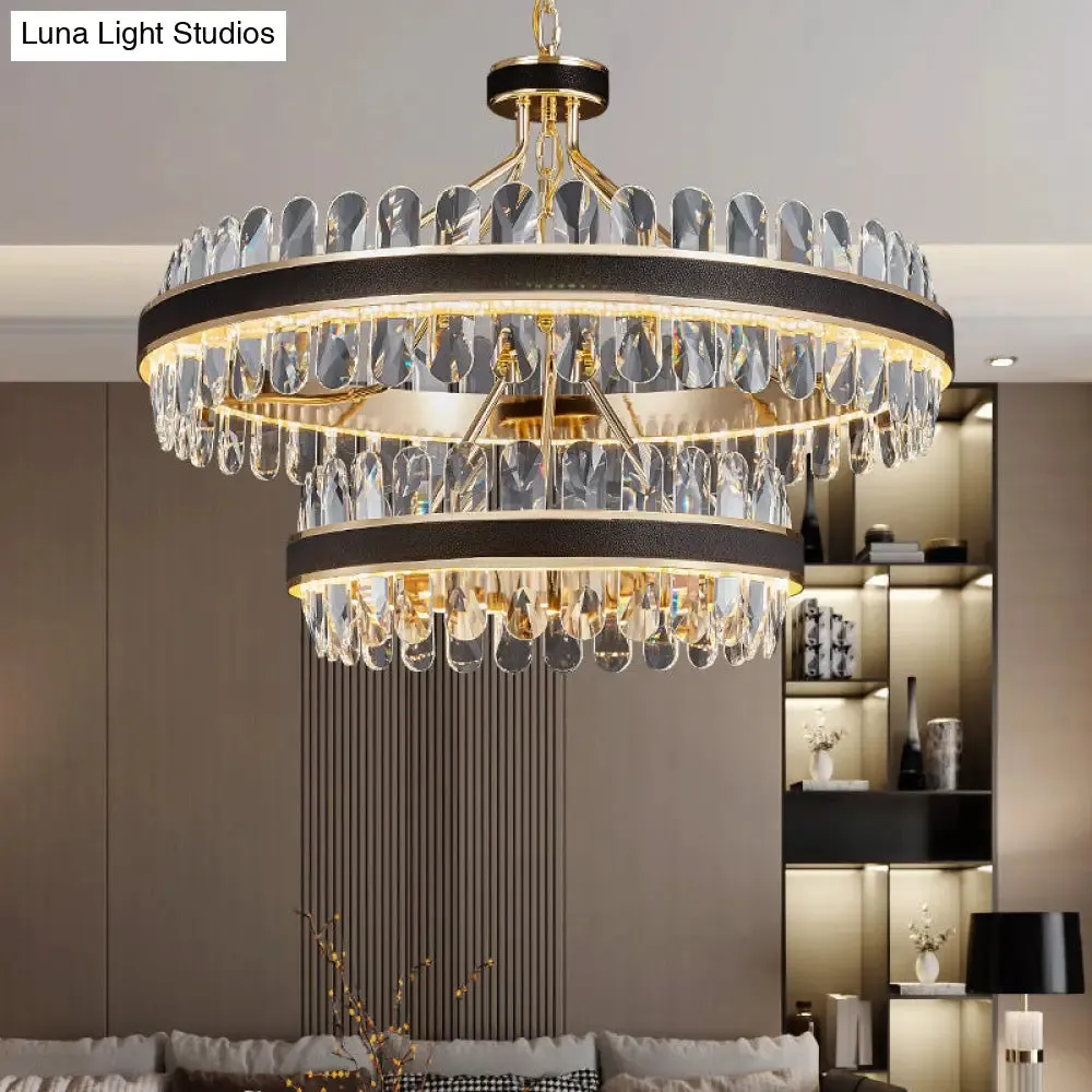 Minimalist Black-Gold LED Chandelier with Crystal Accents - Elegant Ceiling Pendant Light for Living Room