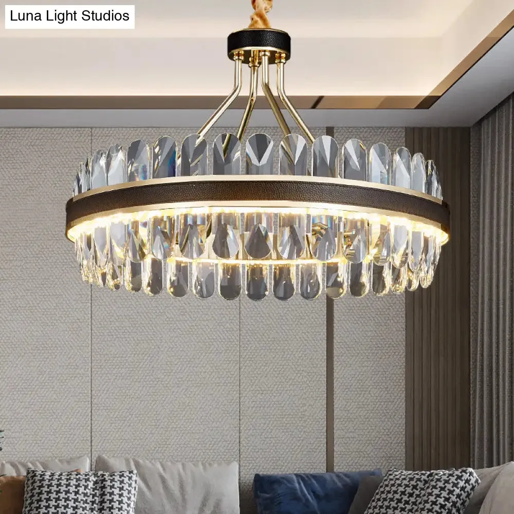 Minimalist Black-Gold LED Chandelier with Crystal Accents - Elegant Ceiling Pendant Light for Living Room