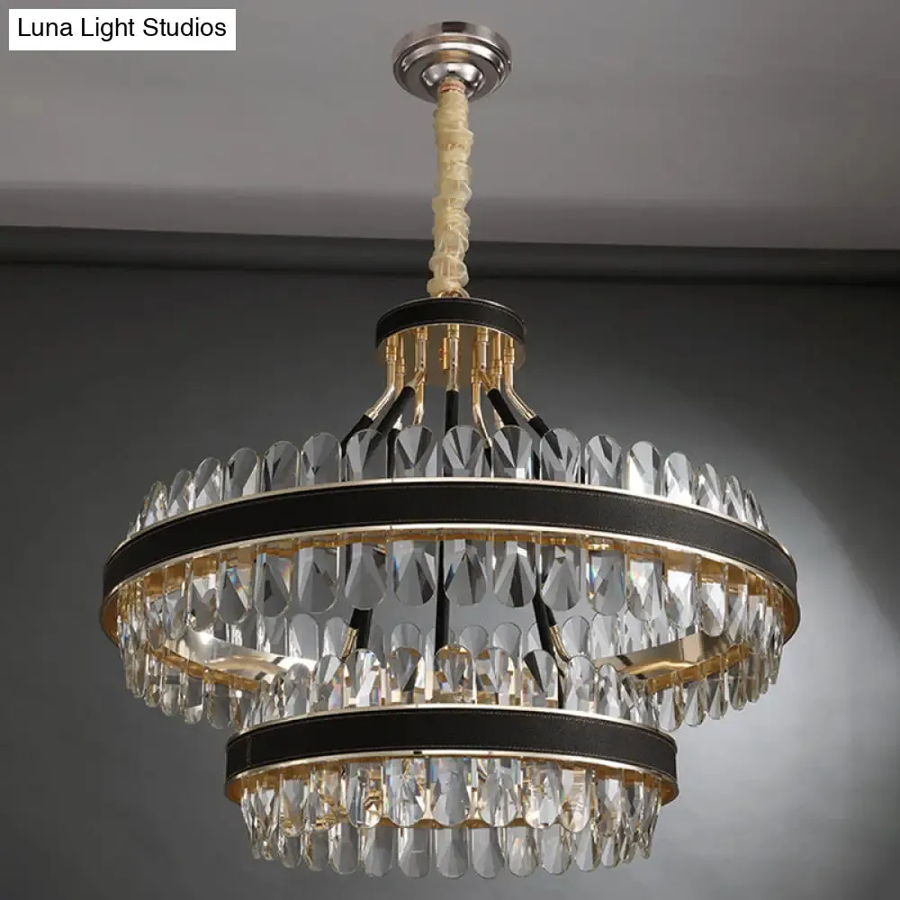 Minimalist Black-Gold LED Chandelier with Crystal Accents - Elegant Ceiling Pendant Light for Living Room