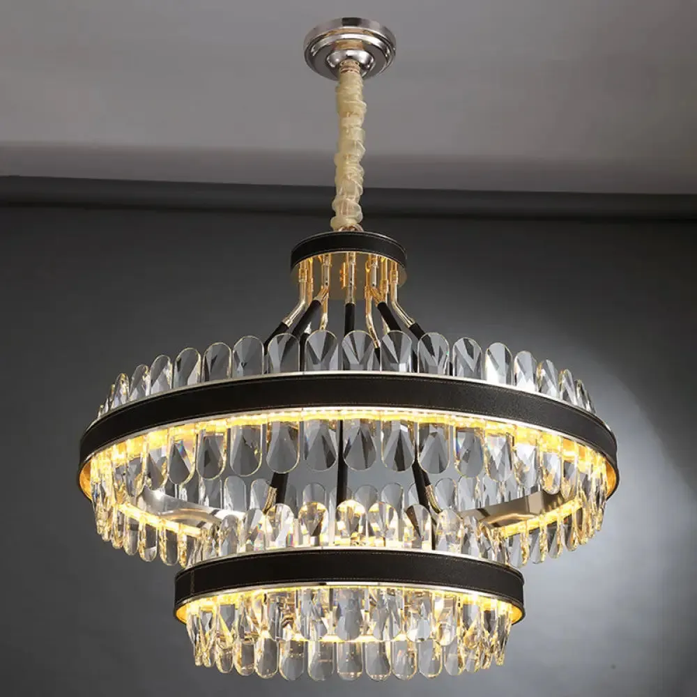 Minimalist Black-Gold LED Chandelier with Crystal Accents - Elegant Ceiling Pendant Light for Living Room