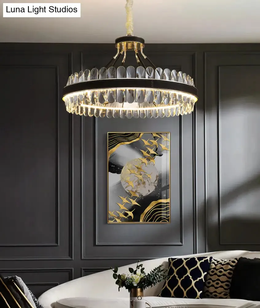 Minimalist Black-Gold LED Chandelier with Crystal Accents - Elegant Ceiling Pendant Light for Living Room